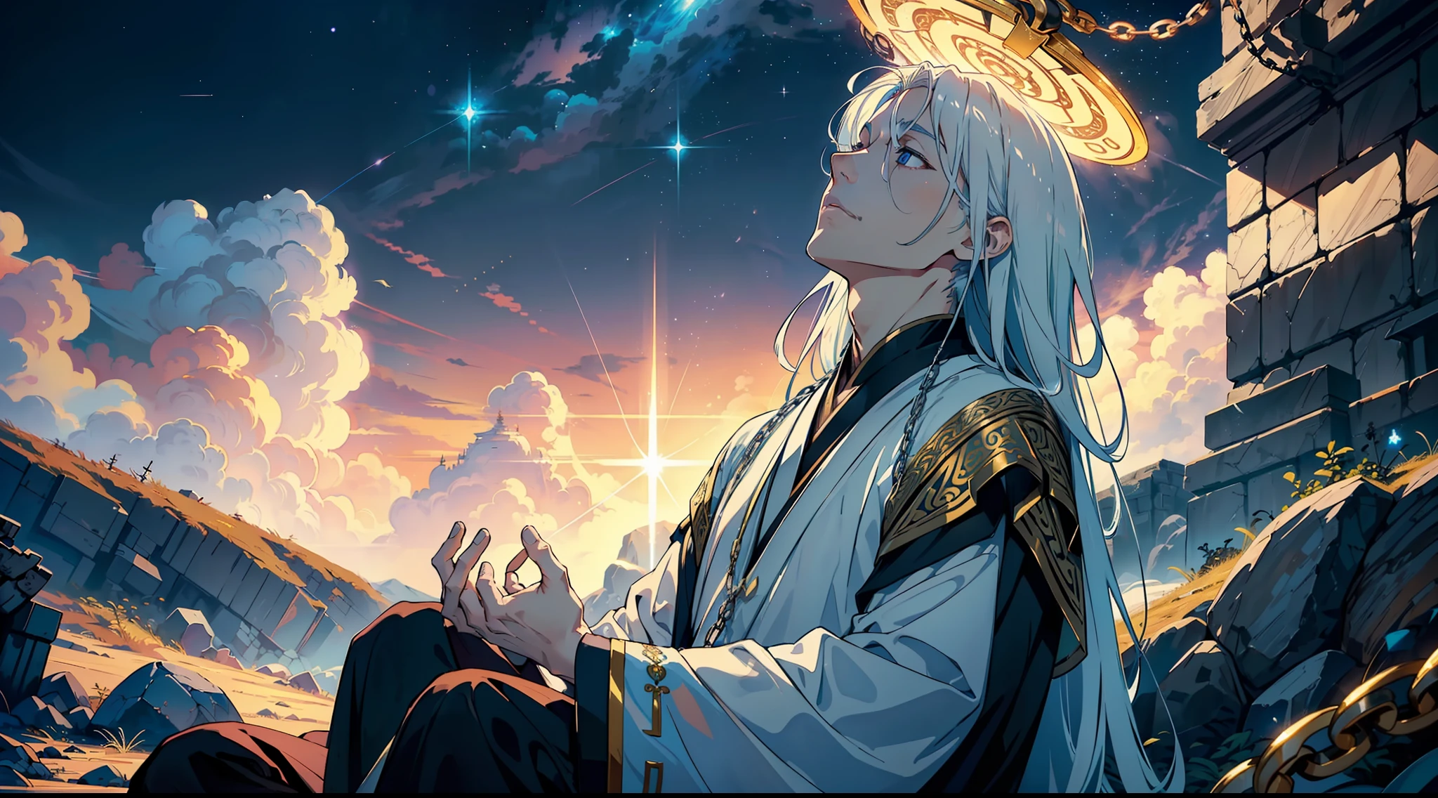 An ethereal-looking young man, Flowing white hair, Chained in the center of a mysterious formation,hight "Immortal Sealing Array". He sat cross-legged,(Look up at the sky:1.5), (fantasy:1.2), (Ancient legends:1.3), (Exquisite chain detailing:1.2), (Gentle white hair:1.1), (Serene expression:1.2), (There is a subtle glow around the array:1.1), (Intricate patterns on the ground:1.2), (The aura emanating from the man:1.2), (Eastern mysticism:1.3), (Inspired by Taoist philosophy:1.2).