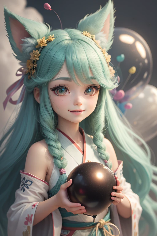 Maltese, big ears, happy smile, (wearing Hanfu), long hair, furry, soft ((best quality)), ((masterpiece)), (hair accessory)( extreme detail, highest detail, official art, beauty and aesthetics: 1.2), depth of field, composition ( (full body) ), (chibi), (beautiful and detailed eyes: 1.3), (very happy: 1) (light mint green and gradient white), popmart blind box, clay texture, (transparent balloon, cloud decorative background), natural light, Best Quality, Super Detail, 3D Art, C4D, Blender, OC Renderer, 3D Rendering, 8K --auto --s2