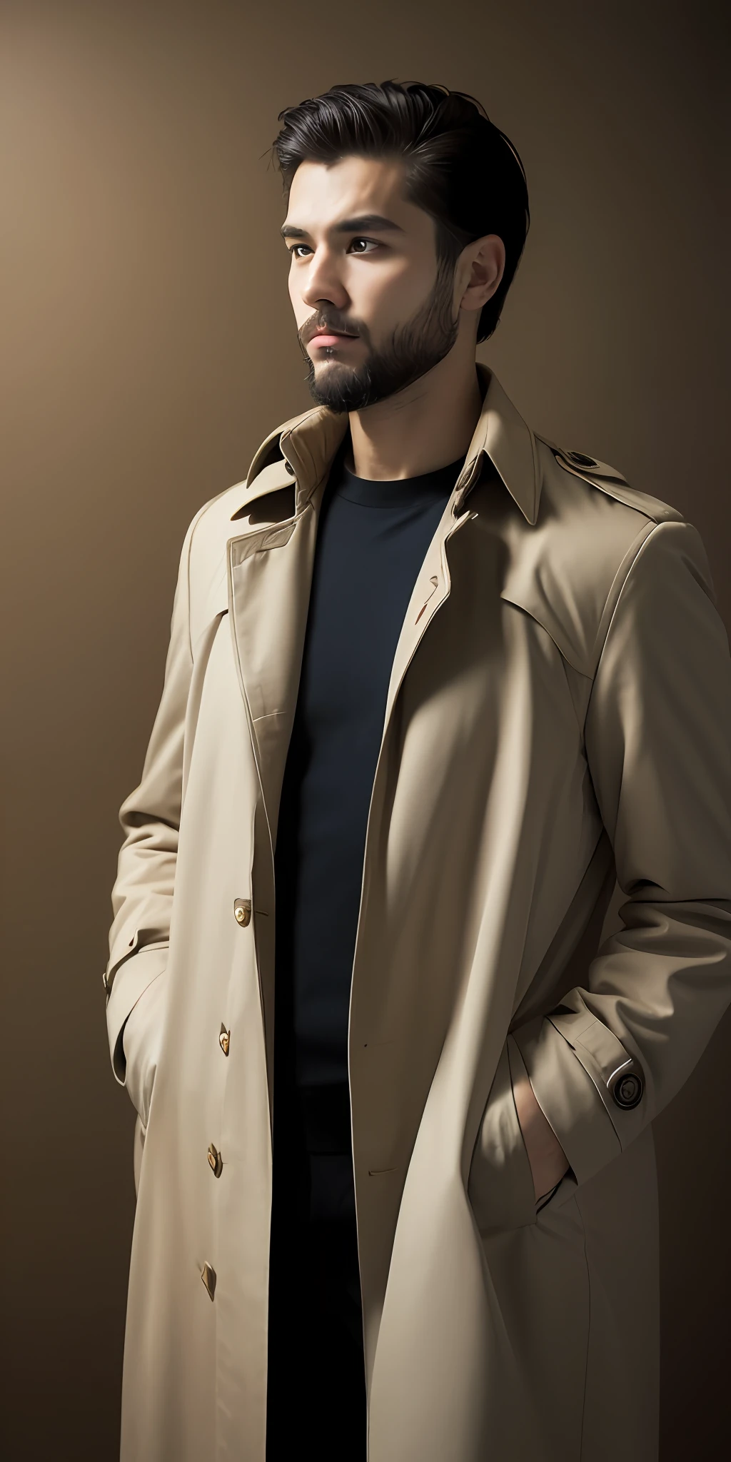 1人, Solo, Portrait of Habibnul Magomedov，Suit trench coat, Beard, Serious, Details, Realistic, Photography, The background is blurred out, soft focus，（Medium shot:1.4）brown background