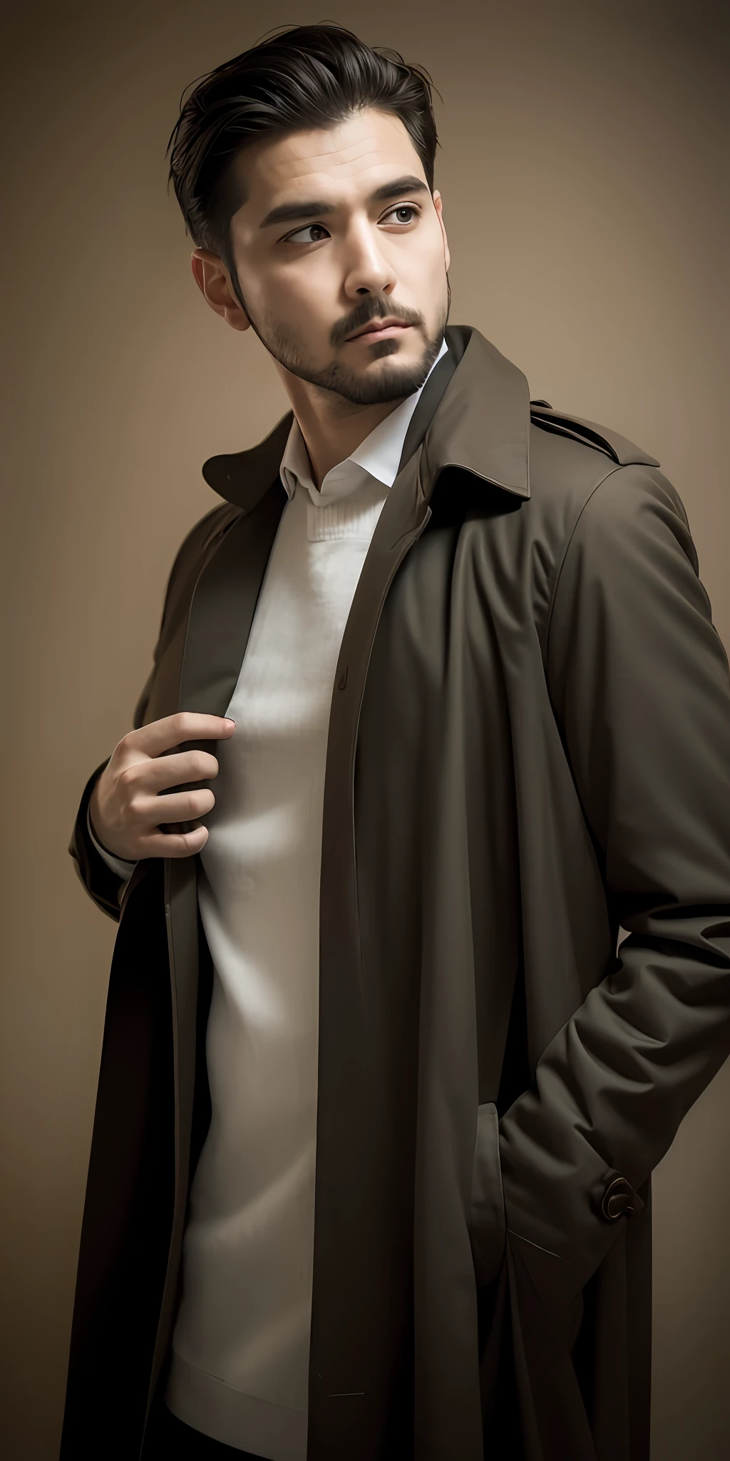 1人, Solo, Portrait of Habibnul Magomedov，Suit trench coat, Beard, Serious, Details, Realistic, Photography, The background is blurred out, soft focus，（Medium shot:1.4）brown background