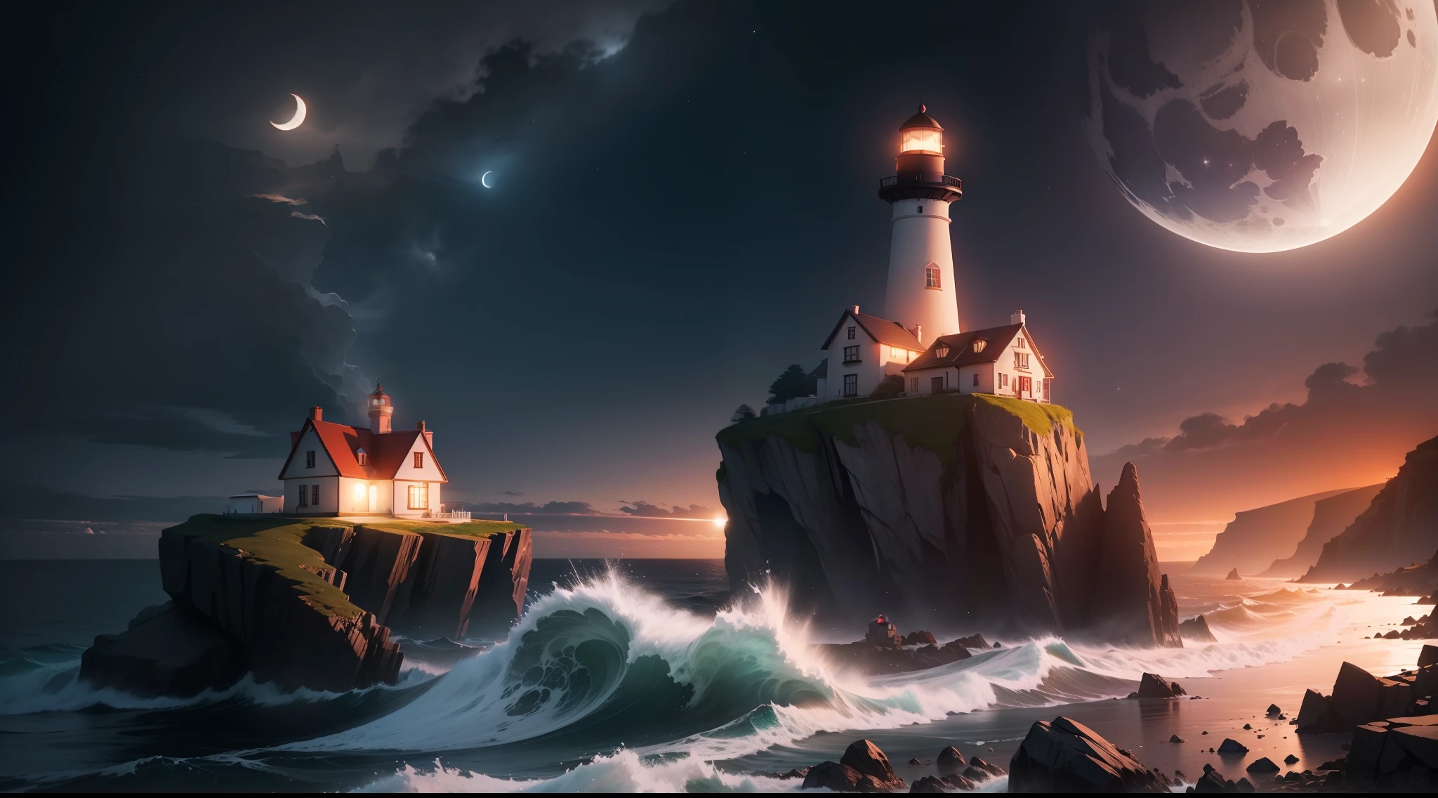 night, moonlight, a lighthouse with a white and red tower, a rotating beam of light, and a small house, standing on a rocky island, surrounded by the dark sea, with waves crashing on the shore, 8k, realistic