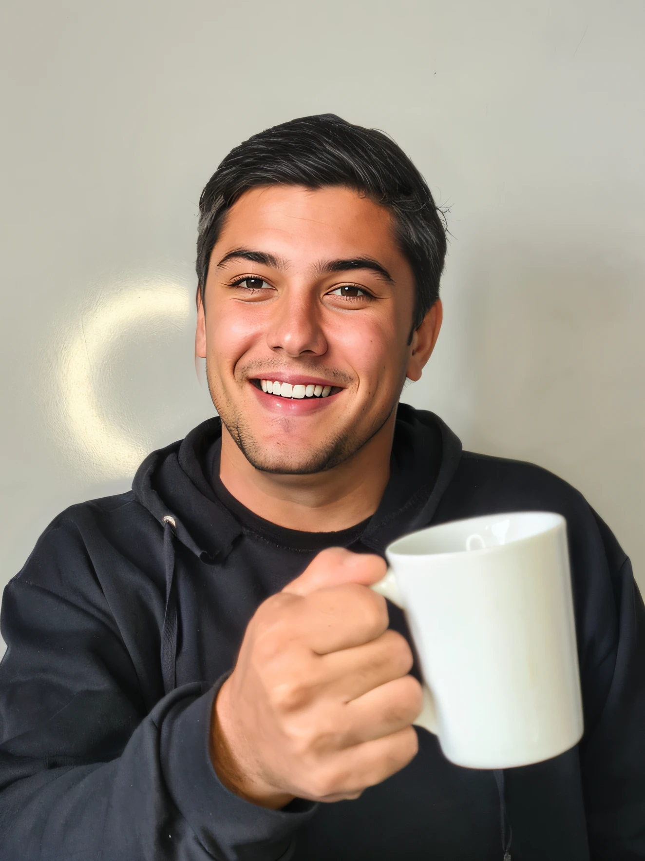 Young man, gray hair, smile on his face with a drunken look with a wonderful drink in his hand, clean face