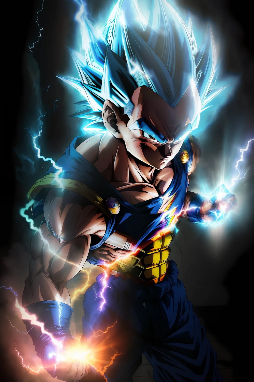 masterpiece, best quality, Vegeta super Saiyan blue, blue hair Blue Lightning Point one's finger at oneself