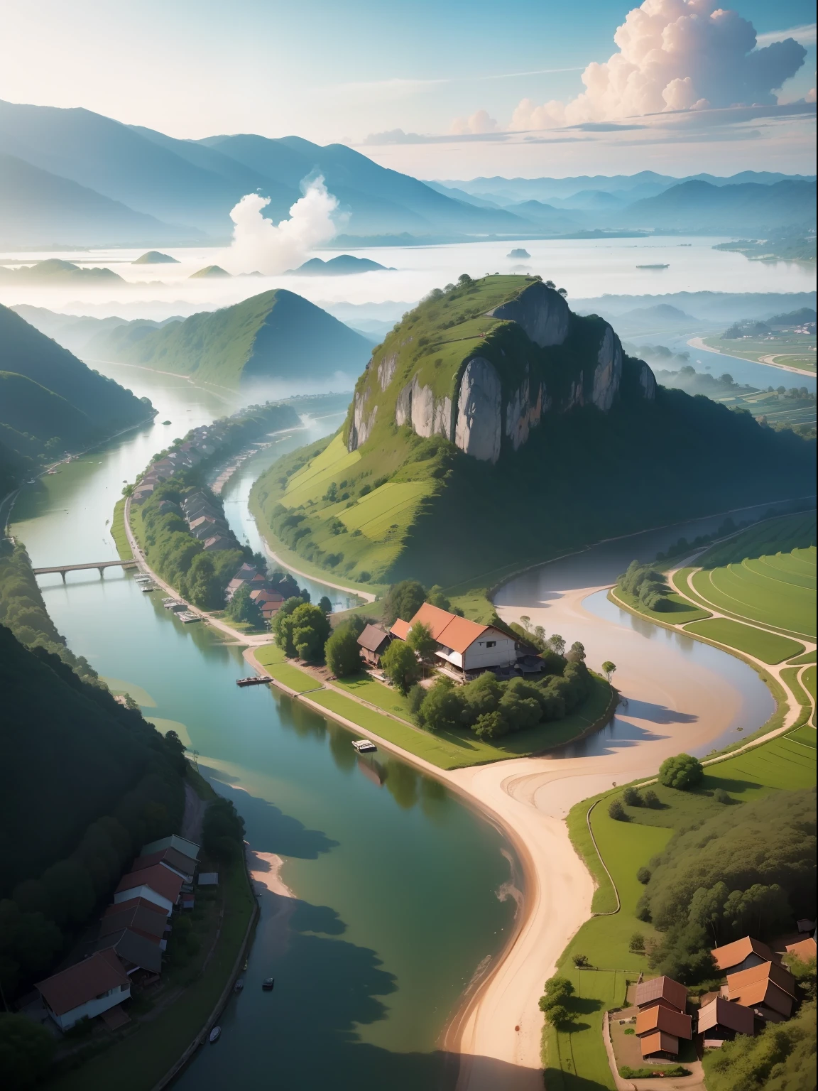 create a real photo of the Vietnamese southside countryside at river with warm colors, smoke from kitchen, and high quality; 4k; hdr