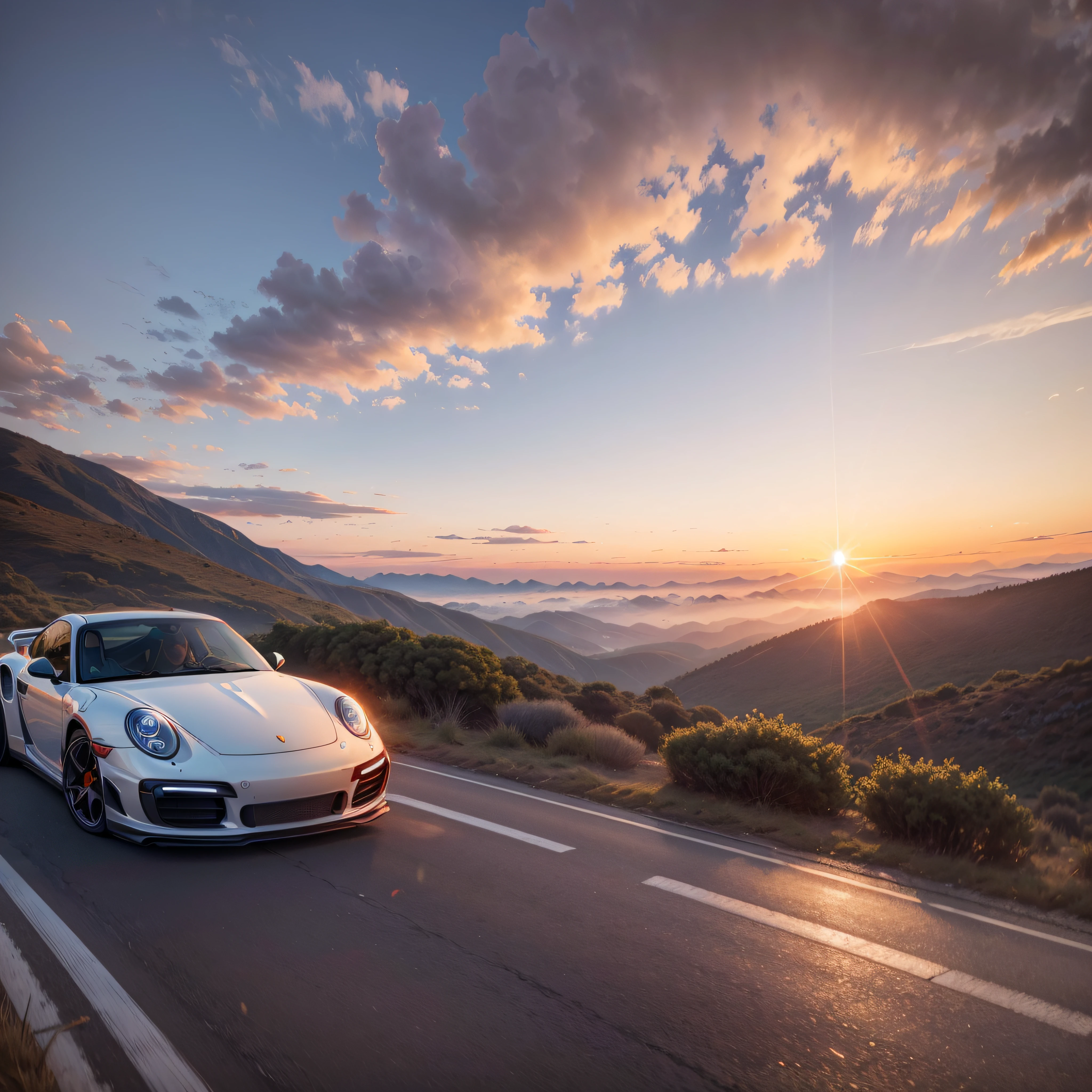 Photography of a Porsche 911 Turbo S drifting during sunset on a mountain road. The sky is a stunning palette of pink, orange, and purple, creating a breathtaking backdrop. Shot from a high angle, this image captures the car's controlled slide, with smoke swirling around it. The photo showcases the powerful engine and precise handling of the 911 Turbo S, as well as the scenic beauty of the mountainous landscape.
