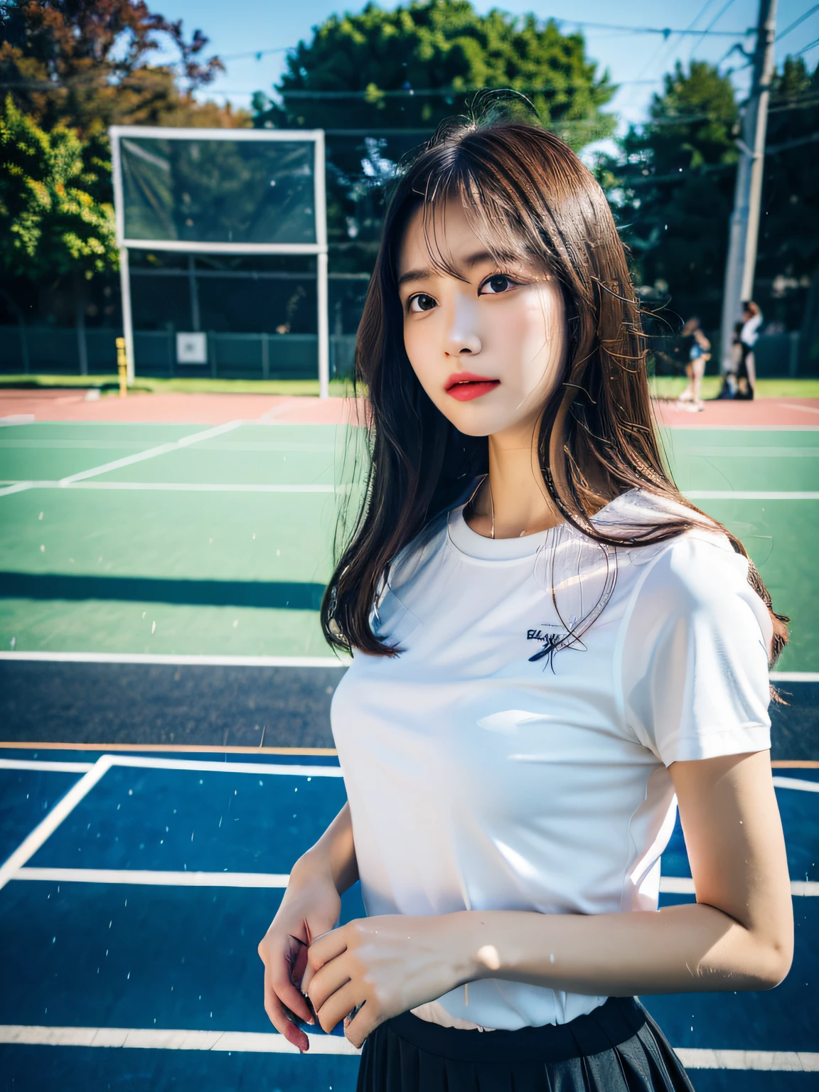 (8k, best quality, masterpiece:1.2), (realistic, photo-realistic:1.37), ultra-detailed,best quality, ultra high res, professional lighting, photon mapping, radiosity, physically-based rendering, cinematic lighting, clear sky, basketball court,depth of field, sharp focus,sunbeam, good composition,(bokeh:1.2) 1girl,solo,(full body), (closed mouth),beautiful detailed eyes, pose, narrow waist, tennis dress, tennis skirt, tennis uniform, black hair,messy hair,long hair floating in wind,(ulzzang-6500:1.2), pantyshot, (raining, see-through, wet shirt, wet hair, wet clothes:1.2),