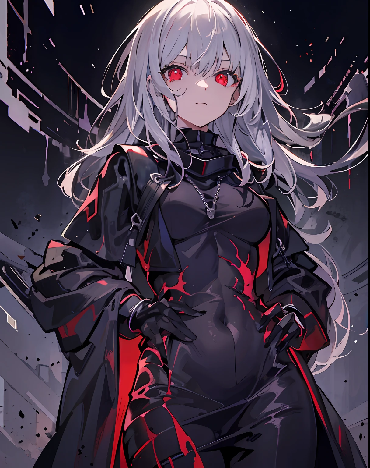 one-girl，Solo，tmasterpiece，Best quality at best，Gray hair，Red eyes，darkly，scyscraper，villain，Overlooking，black shadows，Viscous black liquid，shadowy，Black belly，Barefoot，Cold，rising tall，high and cold，Look up