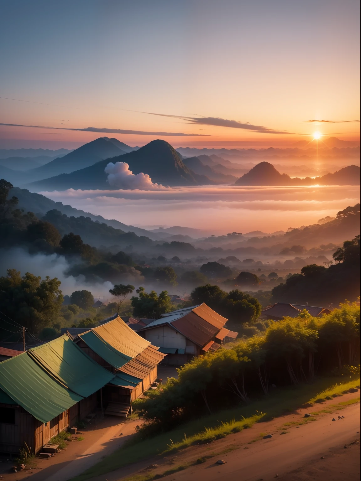 create a real photo of the Vietnamese countryside at dusk with warm colors,  smoke from kitchen, and high quality; 4k; hdr