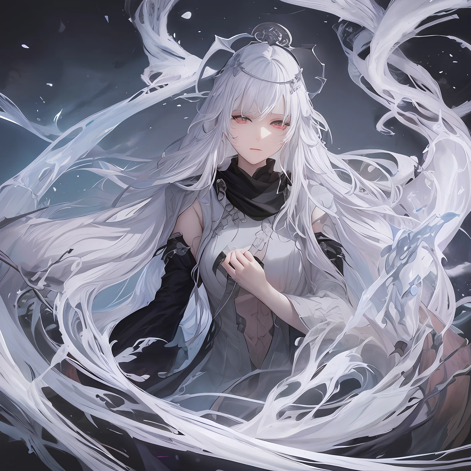 a close up of a woman with a white hair and a black scarf, a character portrait by Yang J, pixiv contest winner, fantasy art, white haired deity, beautiful character painting, artwork in the style of guweiz, the piercing stare of yuki onna, guweiz, with white long hair, with long white hair, flowing hair and long robes