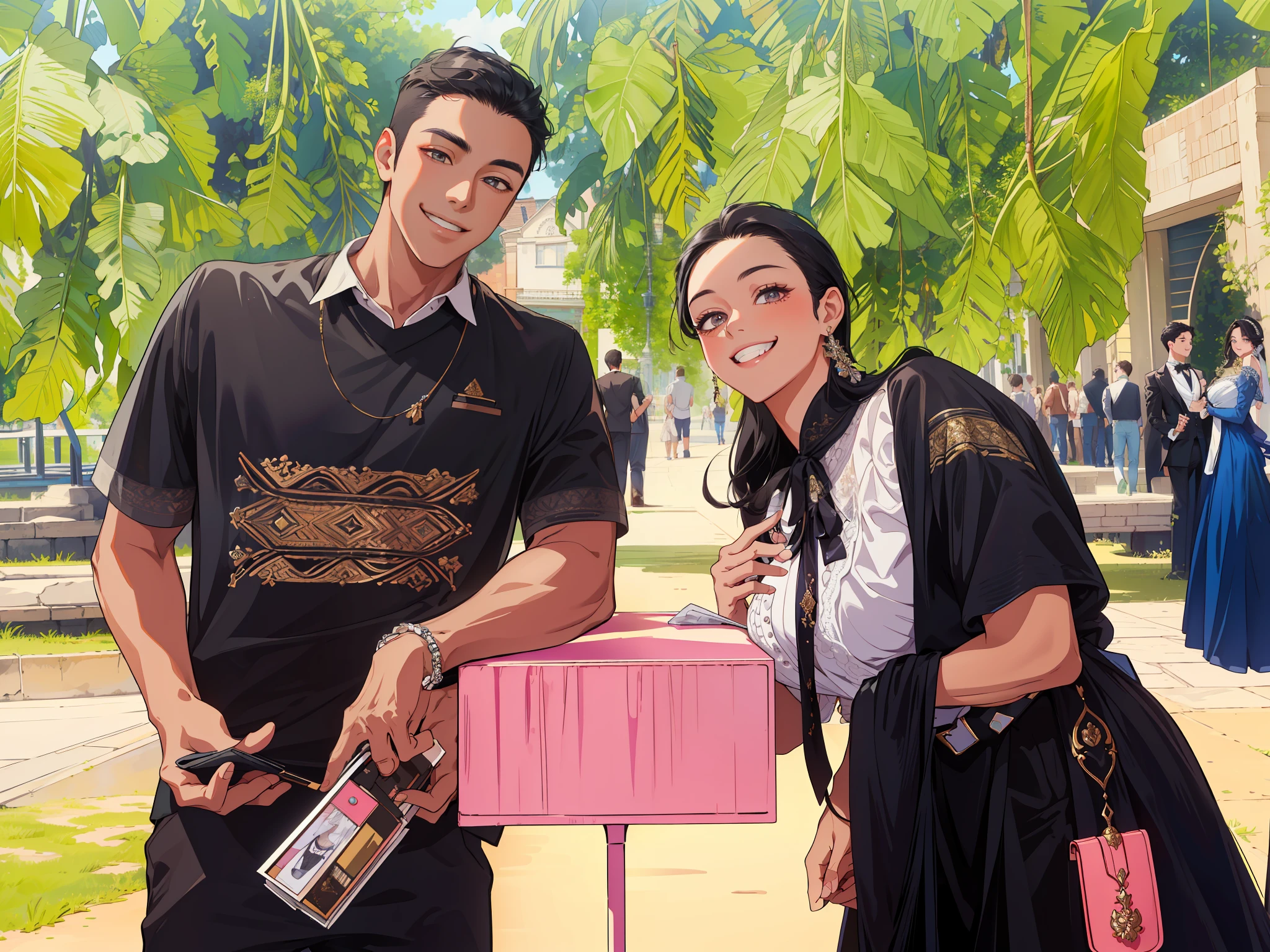 (masterpiece, best quality, highres, Sweet couple, beautiful girl, young boy, smile, couple photo, detailed eyes, dark eyes, detailed face, black hair, stylish hair, classy outfit, romantic background, highly detailed