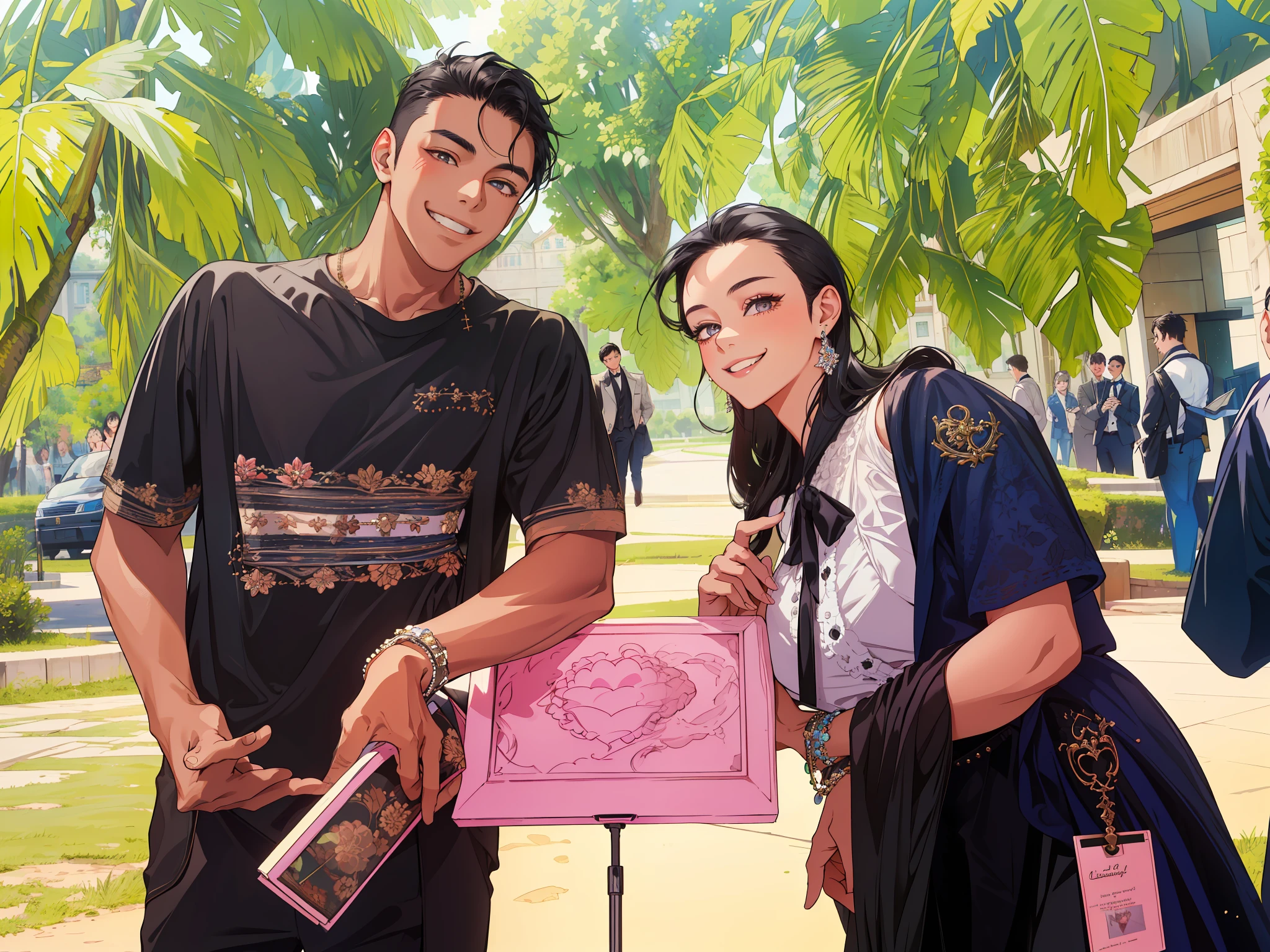 (masterpiece, best quality, highres, Sweet couple, beautiful girl, young boy, smile, couple photo, detailed eyes, dark eyes, detailed face, black hair, stylish hair, classy outfit, romantic background, highly detailed