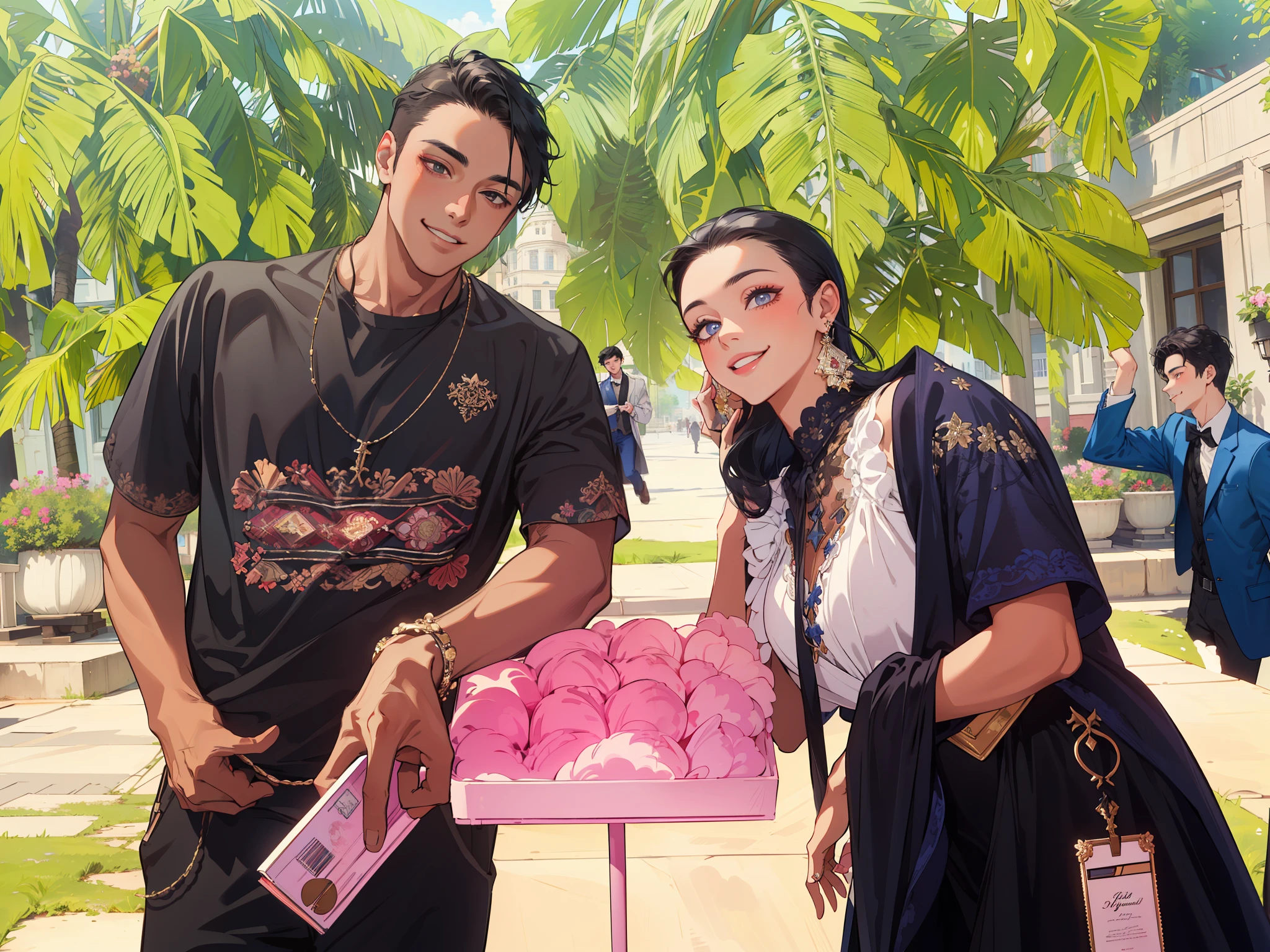 (masterpiece, best quality, highres, Sweet couple, beautiful girl, young boy, smile, couple photo, detailed eyes, dark eyes, detailed face, black hair, stylish hair, classy outfit, romantic background, highly detailed