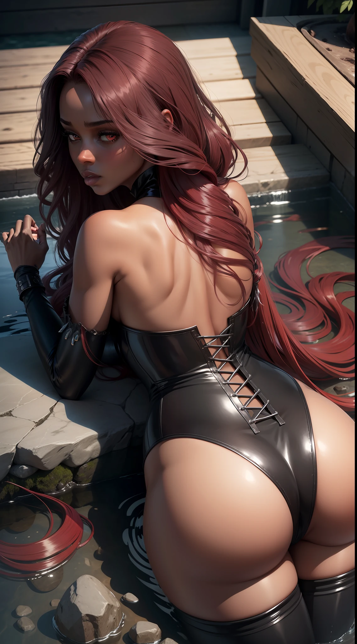 ultra realistic 4k tall black woman, 30s, ultra realistic 4k red corset, ultra realistic 4k lying down, ultra realistic 4k mid butt up, ultra realistic 4k long red hair, ultra realistic fully wet 4k black skin, silver eyes (ultra realistic) ,4k, rocks (ultra realistic), 4k