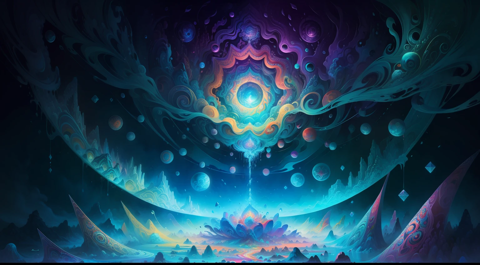 The Firme paradox, floating in a sea of time fractals and colorful paint splatters, in the style of intricate psychedelic landscapes, large canvases, hyperrealistic murals, heavy use of palette knives, detailed dreamscapes, otherworldly realism, sacred geometry, lovecraft