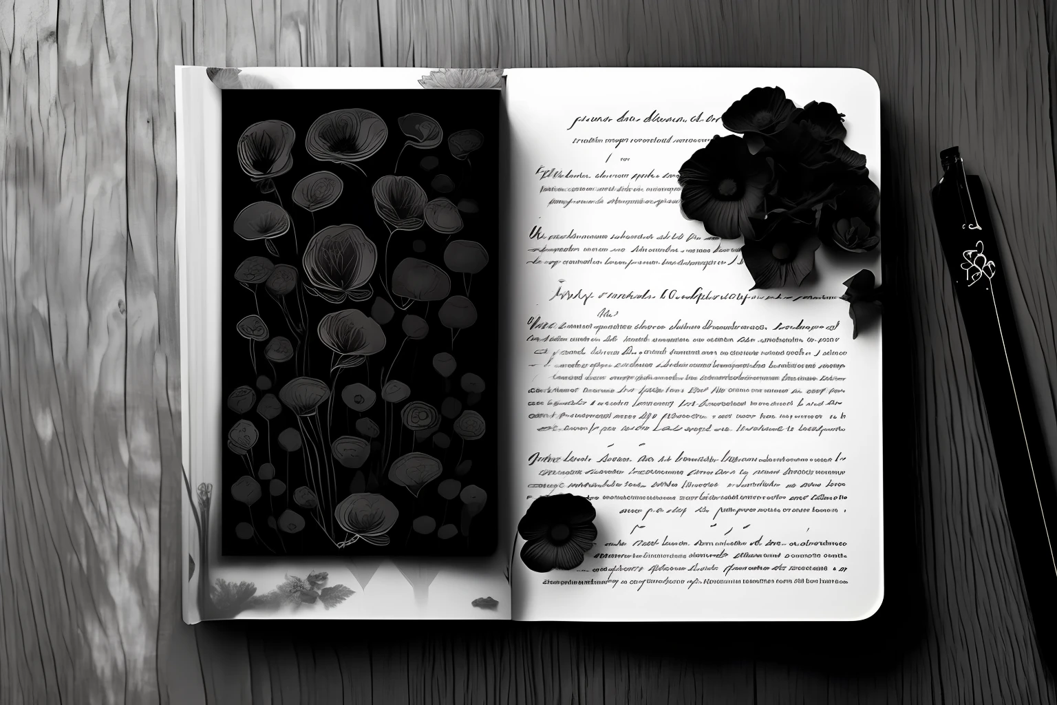 On the wooden table was a book,There is a poem on it,Inky black product photos,Rich poetry,Fungus page,All-black Grimmore page,packaging lens,Dark and moody aesthetic,The dark monochrome is moody,dream magical、Ethereal and dark,Moody feelings,Dark flowers,Black quill pen。