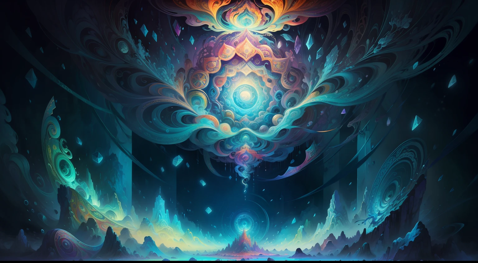 The Firme paradox, floating in a sea of time fractals and colorful paint splatters, in the style of intricate psychedelic landscapes, large canvases, hyperrealistic murals, heavy use of palette knives, detailed dreamscapes, otherworldly realism, sacred geometry, lovecraft