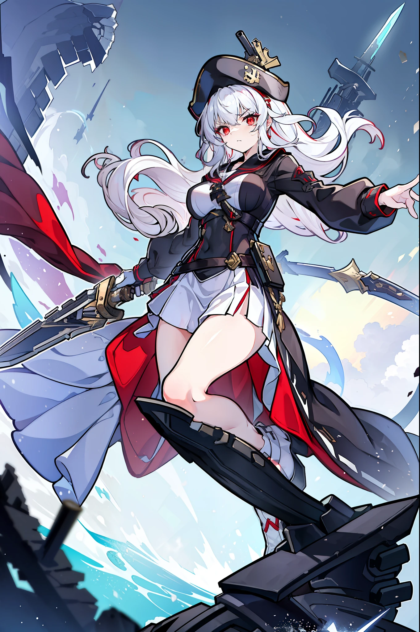 (masterpiece), best quality, expressive eyes, perfect face, 1girl, solo, medium height, young adult, young woman, big boobs, (long hair, white hair, side locks, bangs, wavy hair), (red eyes, death glare, serious, menacing, leadership aura, glowing eye), old timey sailor outfit, black sailor outfit, dark dress, long sleeves, white long sleeves, captain, strong young woman, medium height, heels, skirt, fighter, guard, (gunblade, gunsword, knife attached to gun, pistol with a blade, gun with blade attached), human, sailor hat, sailor cap, dark trims, (black cape, red underside of cape, accesories, slightly pirate style, medieval, 19th century, sailor uniform, vintage styled outfits