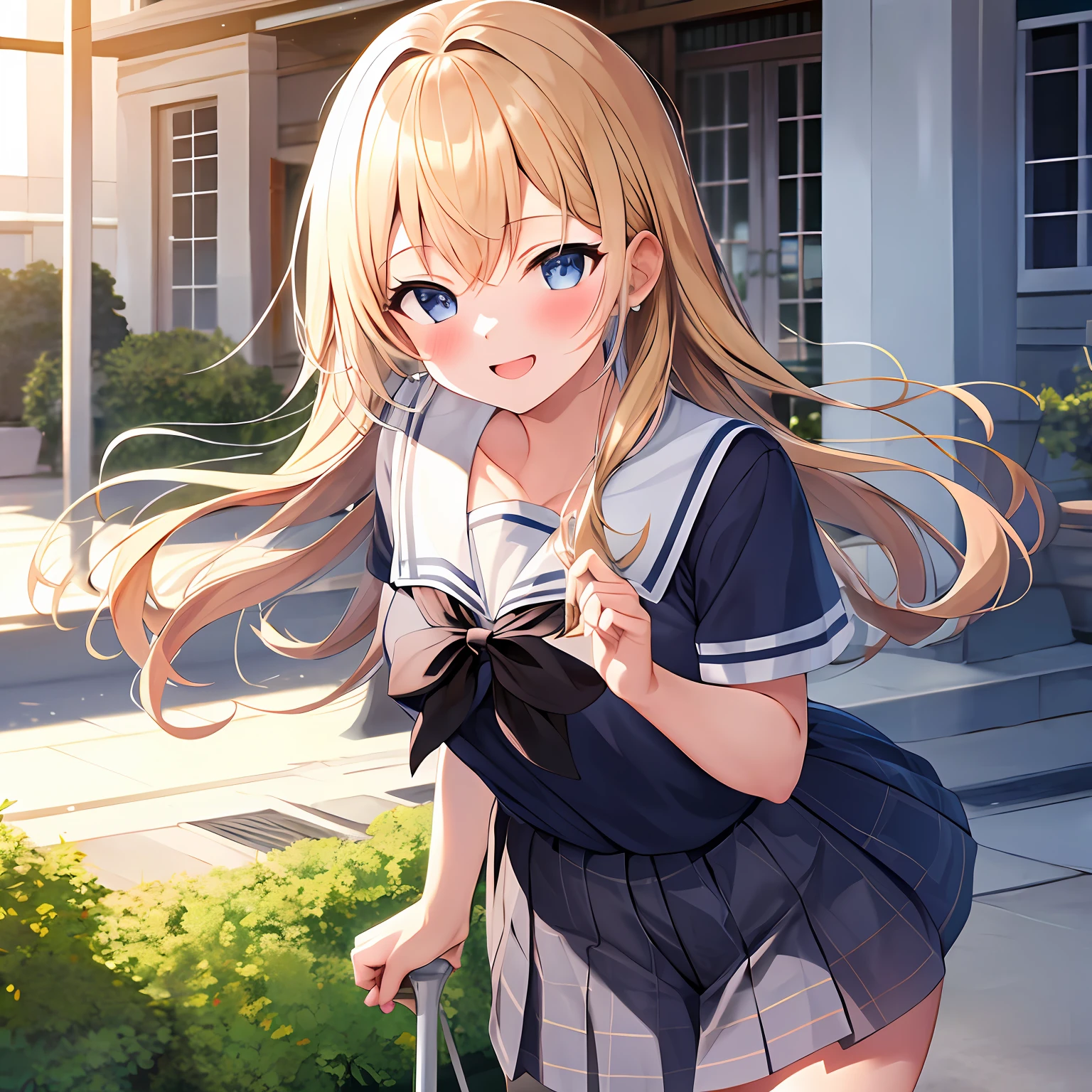 high quality, best quality, masterpiece, absurdres, 1girl, school yard, sunny, smile, looking_at_viewer, blush