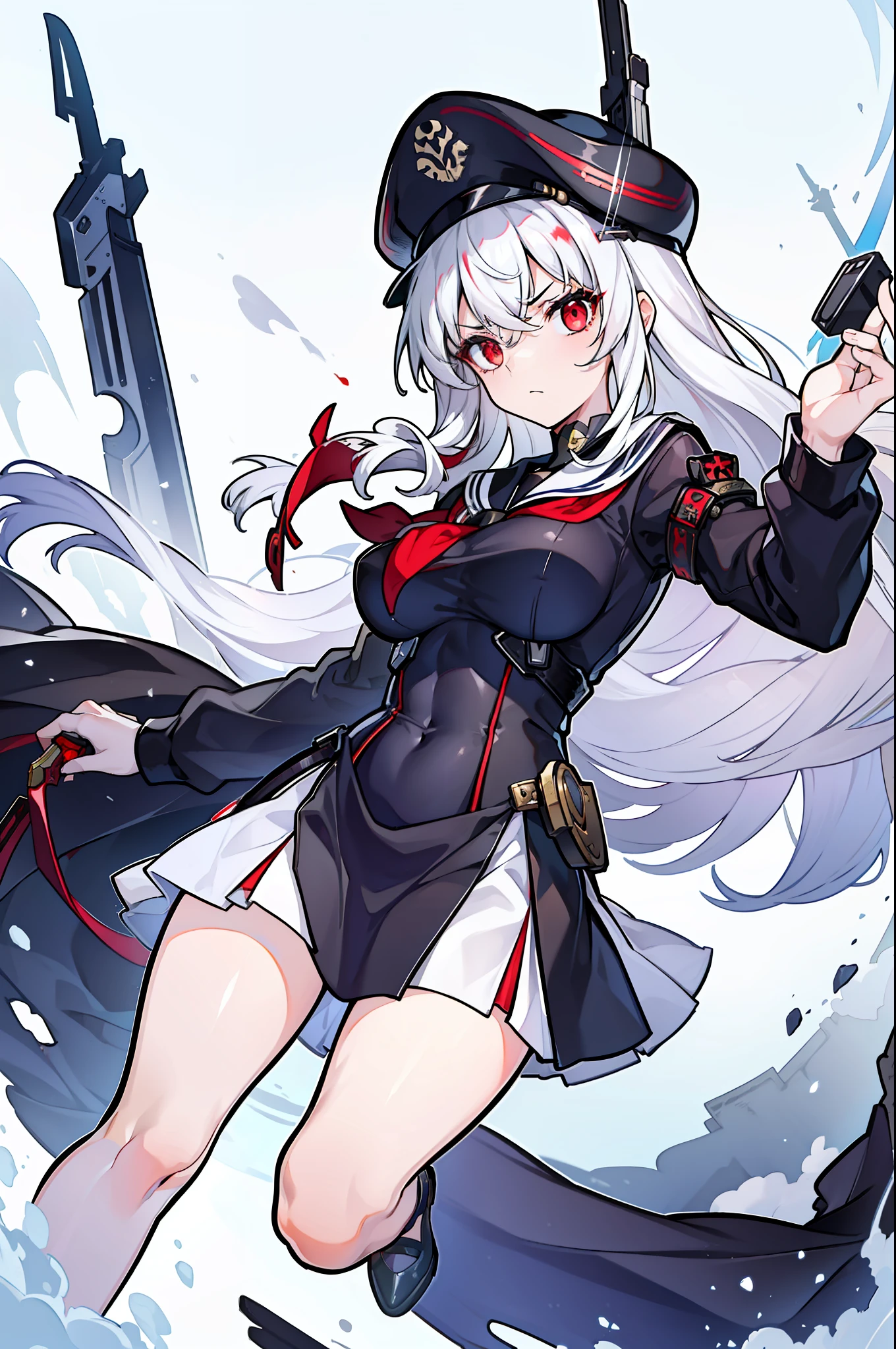 (masterpiece), best quality, expressive eyes, perfect face, 1girl, solo, medium height, young adult, young woman, big boobs, (long hair, white hair, side locks, bangs, wavy hair), (red eyes, death glare, serious, menacing, leadership aura, glowing eye), old timey sailor outfit, black sailor outfit, dark dress, long sleeves, white long sleeves, captain, strong young woman, medium height, heels, skirt, fighter, guard, (gunblade, gunsword, knife attached to gun, pistol with a blade, gun with blade attached), human, sailor hat, sailor cap, dark trims, (black cape, red underside of cape, accesories, medieval, 19th century, sailor uniform, vintage styled outfits