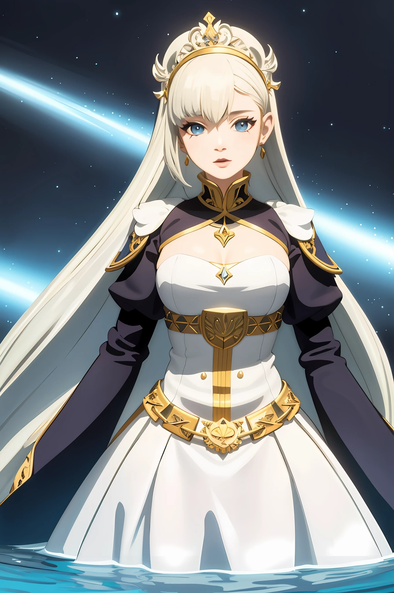 Obra-prima, melhor qualidade, Narberal Gamma (Overlord), luvas, foco feminino, 1 garota, olhos vermelhos, luvas pretas, solo, cabelo branco, franja, water, vestido longo, cabelo longo, joias, tesoura gigante, (KBXLL: 0.6)