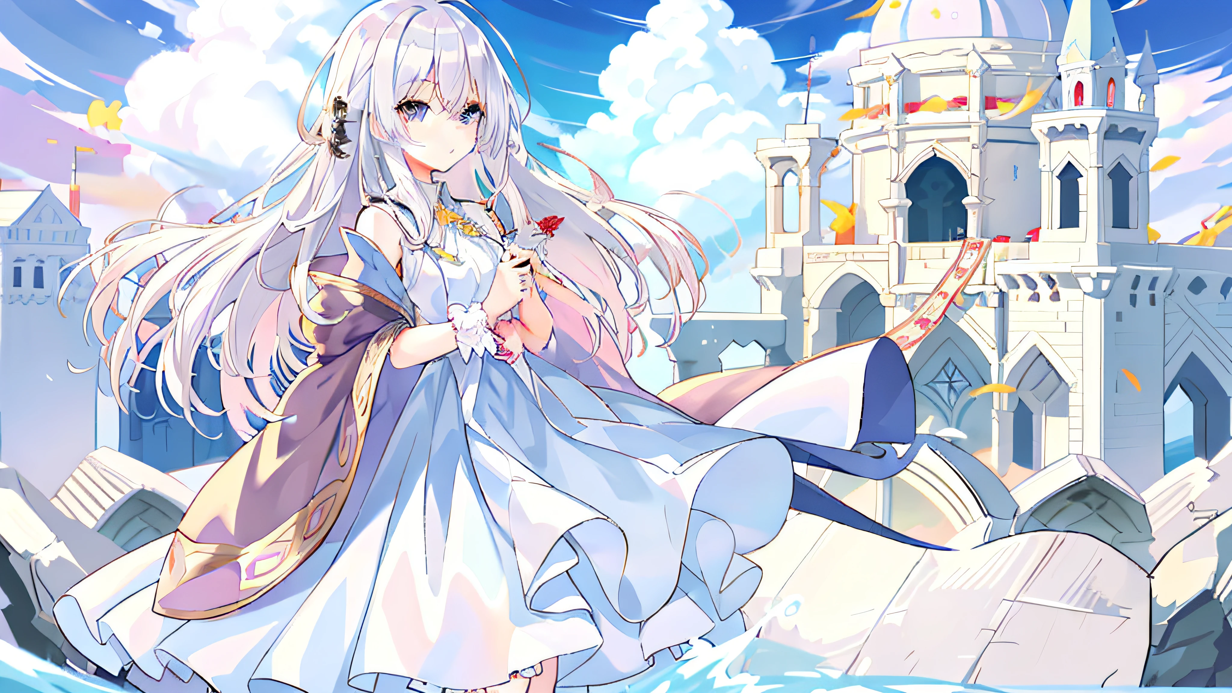 Anime girl standing in front of castle in white dress, Digital art on Pixiv, zerochan art, loli in dress, Splash art anime Loli, Guweiz in Pixiv ArtStation, from touhou, White-haired god, Guviz, cute anime waifu in a nice dress, pixiv contest winner, Guweiz on ArtStation Pixiv