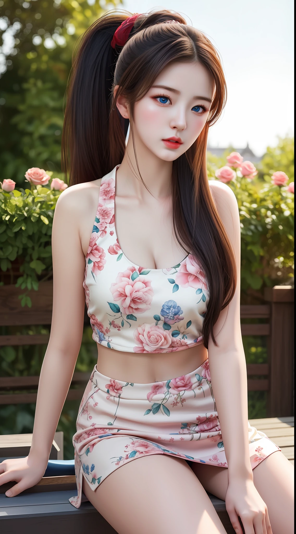(hyperrealistic), (illustration), (high resolution), (8K), (extremely detailed), (best illustration), (beautiful detailed eyes), (best quality), (ultra-detailed), (masterpiece), (wallpaper), (photorealistic:1.4), (natural light), (rim lighting), (detailed face), high detailed realistic skin texture, anatomically correct, solo, 1 girl, (high detailed realistic long hair:1.25), ponytail contorted, (beautiful Rosy Zhao:1.5), (beautiful cute European girl:1.7), heterochromic eyes, (detailed blue eyes), small moles under the eyes, (big breasts:1.35), Japan High School uniforms, long legs, tight abs, dynamic pose,