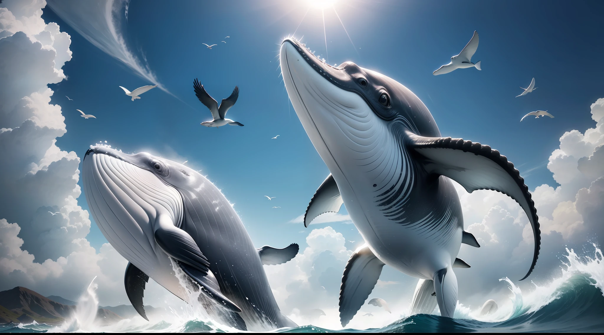day, sunlight, a humpback whale with a gray and white body, a long pectoral fin, and a fluked tail, jumping majestically out of the water, while birds fly around, 8k, realistic