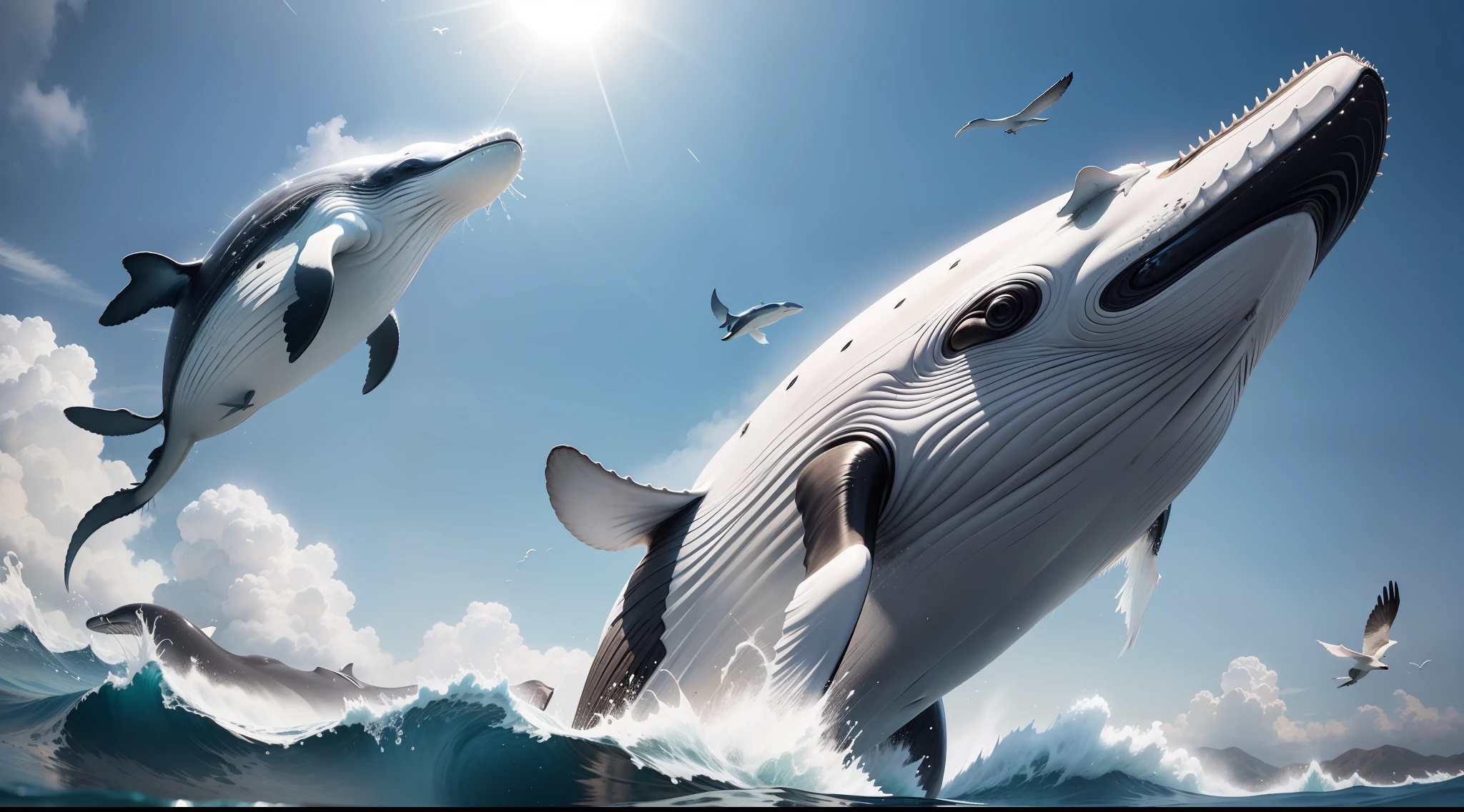 day, sunlight, a humpback whale with a gray and white body, a long pectoral fin, and a fluked tail, jumping majestically out of the water, while birds fly around, 8k, realistic