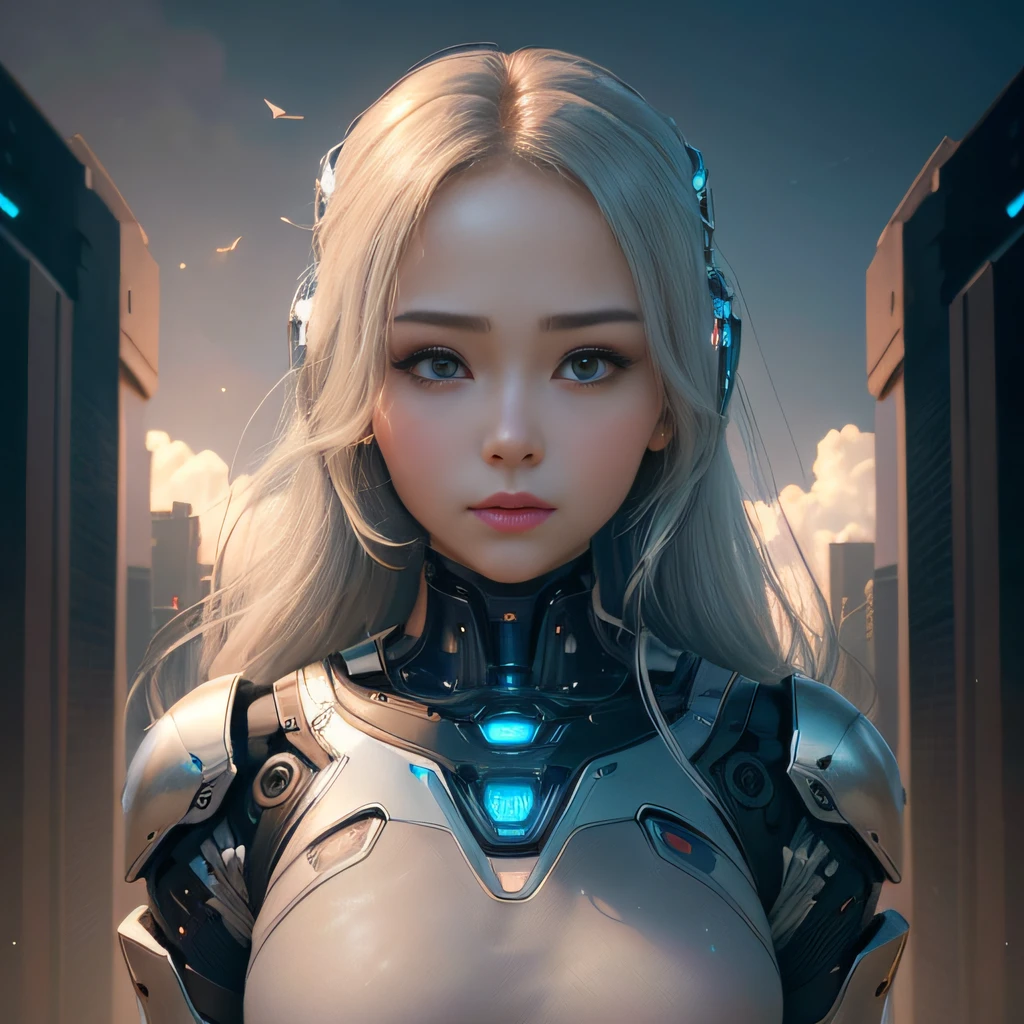 perfect female face、Ultra-realistic humanoid、Robot with human-like face and mechanical detailed body、8k picture、peaceful environment、futuristic city backdrop、Ultra-realistic robots with human-like physiognomy、Facing the front、Peaceful Robot、((masterpiece、top-quality、))、dam、(Wetty:1.2)、girl with、Medium chest、(see -through:1.3)
