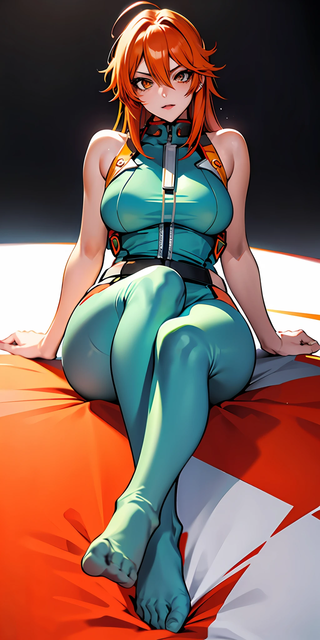 Asuka Langey, Anime Character Evangelion, orange hair, green eyes, freckles, Fiery, Energetic, Bold, Expressive, Vibrant, Stylish, Distinctive, Gorgeous, Athletic, Striking, Intense, Playful, Determined, Confident, Dynamic, 1 girl, 8K, (original: 1.2), (far shot), (realistic: 1.3), masterpiece, best quality, beautiful clean face, fullbody, 1girl, posing for a picture, long legs, huge breasts , showing feet,showing feet soles,legs_up,{feet_up}, lying,leg_lift, feet,