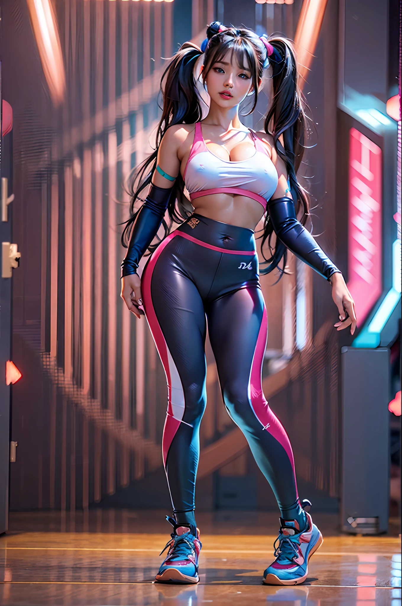 Masterpiece, hyperrealistic, highres, best quality, Cinema 4D, Octane render, Innovative, 1girl, super cute and sexy asian girl, super hot girl, super beautiful long brown hair, high ponytail, very detailed and shiny blue eyes, super juicy lips, perfect body, shiny skin, super delicate and sexy body, wearing an anime printed super tight short sleeve crop top, super tight translucid leggings, beautiful sexy and cute panties, pink jordans, in a futuristic cinema, Professional quality, Unreal engine