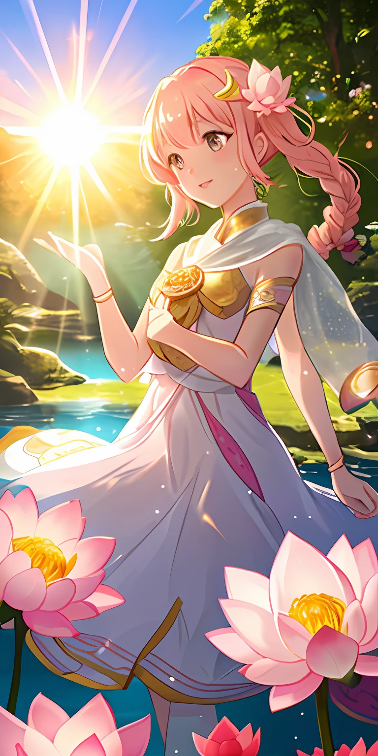 Lotus's pink,flare,drop on,best quality, , sun shining, shiny skin, sun flare
