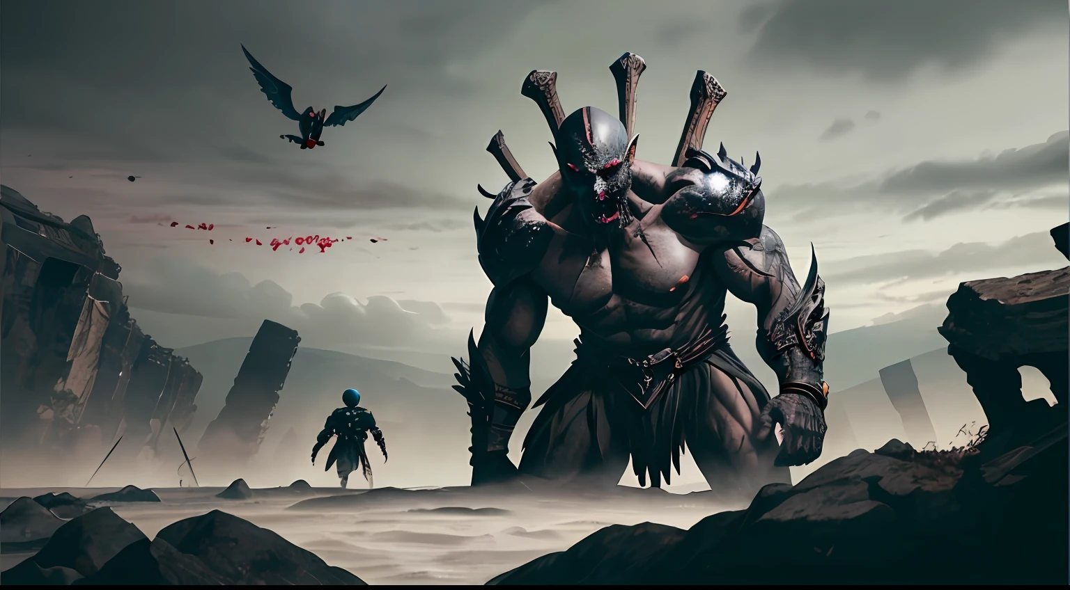 Visualize um Nephilim, uma criatura gigantesca com asas de corvo, em um confronto violento com humanos. The Nephilim is so large that humans look like mere insects in comparison. The setting is a night battlefield, iluminado apenas pela luz da lua e pelas chamas das tochas. Blood splatters the ground and weapons, adding a bright red tone to the dark color palette. The composition of the photo is done with a telephoto lens, focando no rosto do Nephilim enquanto ele olha para baixo para os humanos, com o restante da batalha desfocada ao fundo. A foto deve ser hiper-realista, Highly detailed and in high resolution 16k. --ar 16:9 --v 5.1 --style raw --q 2 --s 750