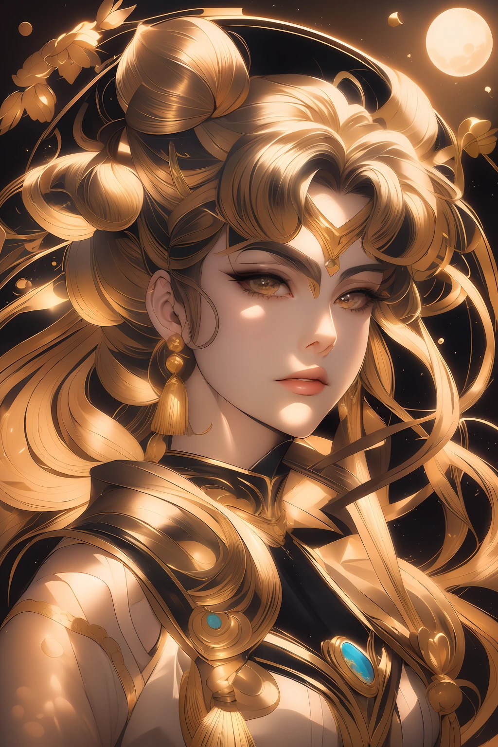 a drawing of a woman with long hair and a moon in the background, portrait knights of zodiac girl, the goddess artemis smirking, goddess. extremely high detail, artgerm. high detail, beautiful line art, artgerm detailed, the sailor galaxia. beautiful, goddess close-up portrait, goddess of the moon, extremely detailed goddess shot