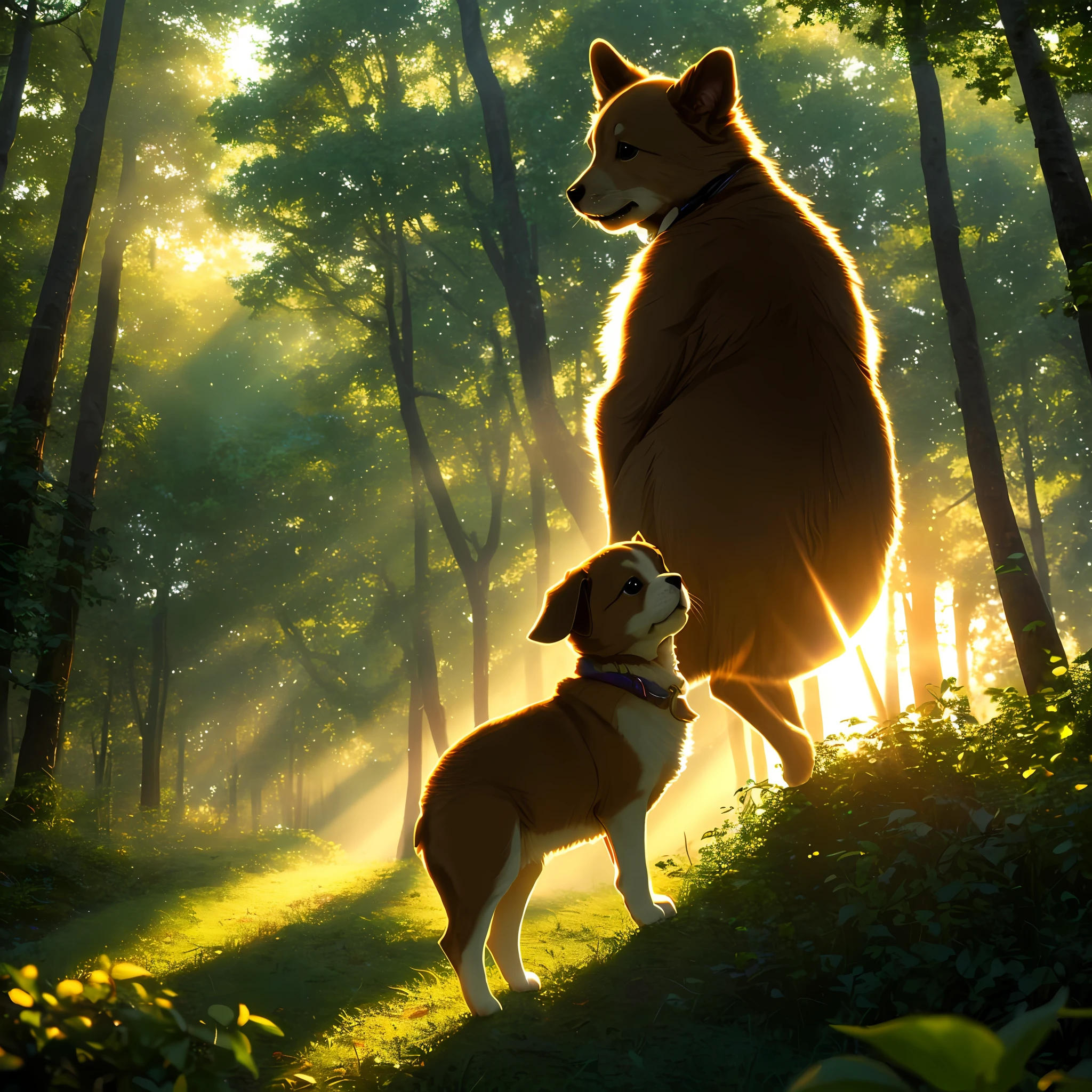 (best quality: 1.2), (masterpiece: 1.2), (realistic: 1.2), closeup photo, a very cute jumping puppy in the forest, soft volumetric lights, (looking at the viewer: 1.3), (backlit:1.3), (cinematic:1.2), intricate details, masterpiece