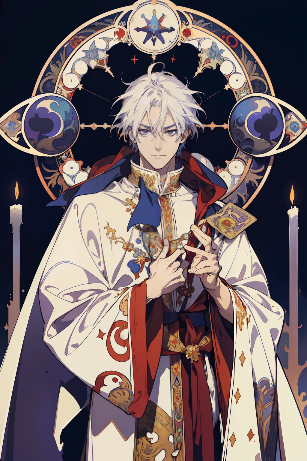 (absurdress, hight resolution, overdetalization), 1 male, grown up, cutest, tall muscular guy, wide shoulders, Detailed eyes and detailed face, long white disheveled hair, Stone mask on the face, White cape with blue and red accents, Monk's outfit, Around the purple and fiery flame, fool \tarot\, bard, clown, Symbolism, visual art, occultism, Universal, Vision Casting, Philosophical, Iconography, Numerology, Popularity, an artistic, by Alphonse Mucha