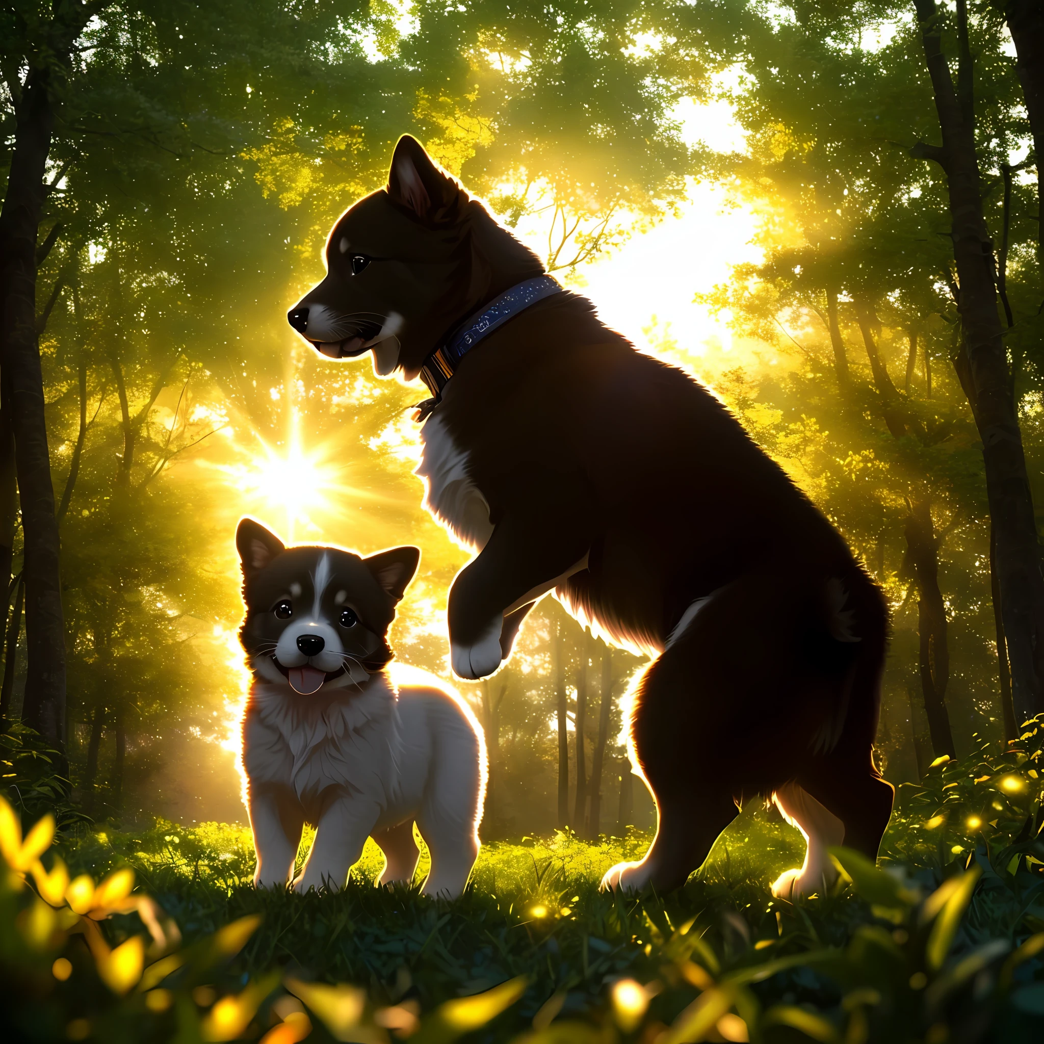 (best quality: 1.2), (masterpiece: 1.2), (realistic: 1.2),  closeup photo, a very cute jumping puppy in the forest, soft volumetric lights, (looking at the viewer: 1.3), (backlit:1.3), (cinematic:1.2), intricate details, masterpiece