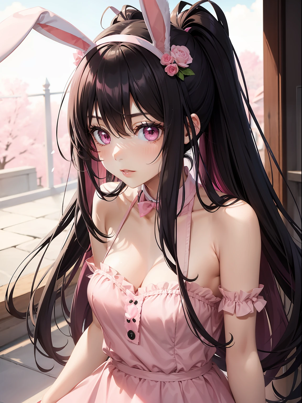 a women, pink bunny ears, black hair, pink eyes, pink dress