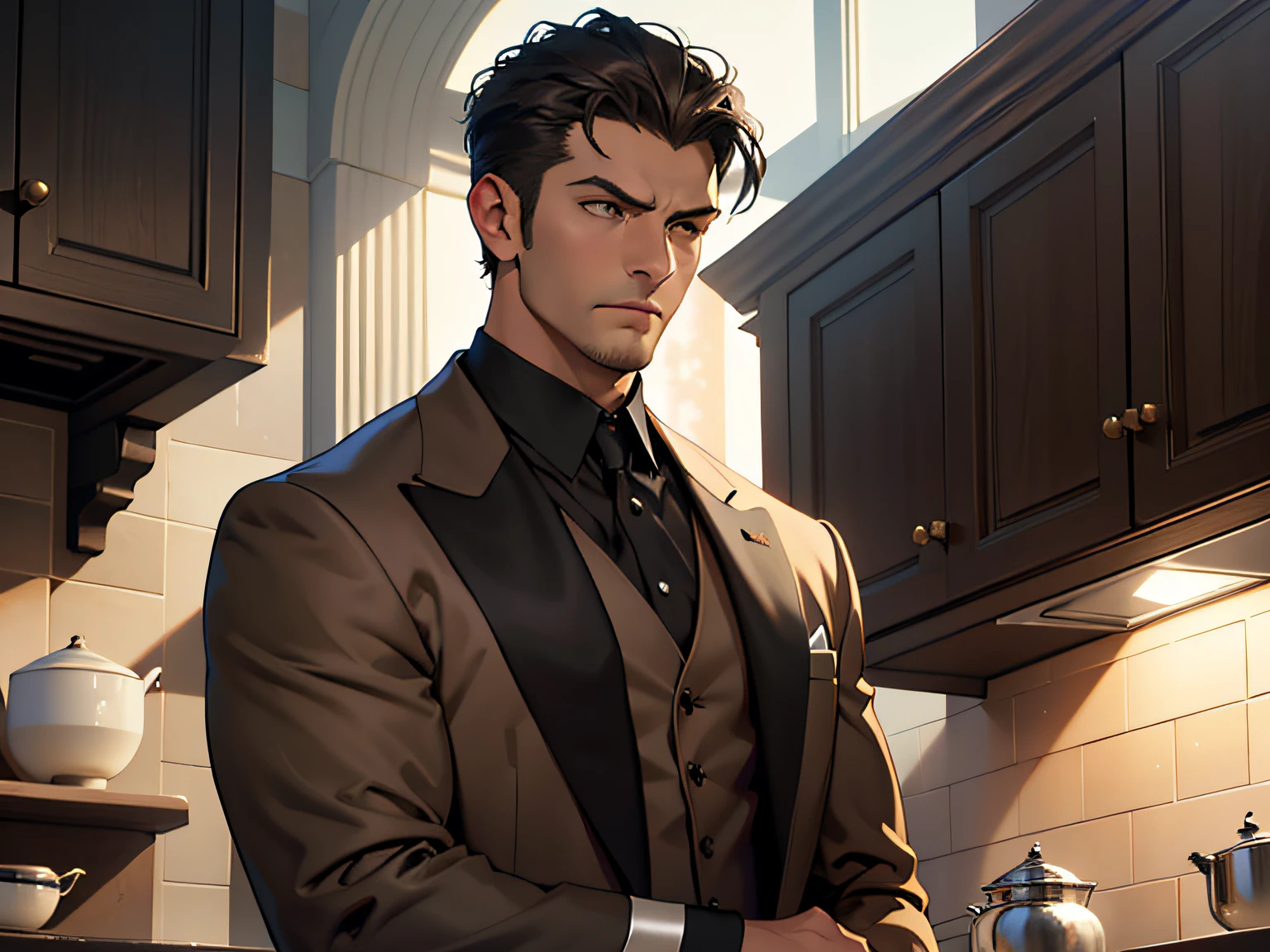 grand master, Masterpiece, 8K wallpaper, CG, super high image quality, Light and shadow effects (One was wearing a brown suit，Handsome young man with short black hair) scowling，Speak disapprovingly: 1.5 Close-up of the face, frowned upon: 1.6 side-view displays Luxury villa, Kitchen, Range hood, window open