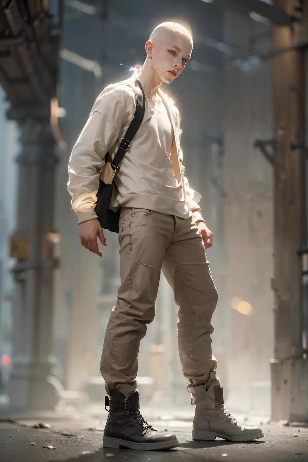 (
(Character: one albino boy, pale skin, bald, shaved hair, scars, lean body)
(Clothing: beige straightjacket, torn pants, boots)
(Pose: full body shot:1.7, dynamic pose)
(blurry, intense urban lights in background)
(Style: ((masterpiece:1.5)), (face detailed), photo-realistic:1.3, hyperrealistic, foggy, high contrast, shiny skin, soft lighting, backlighting, bloom, light sparkles, chromatic aberration)