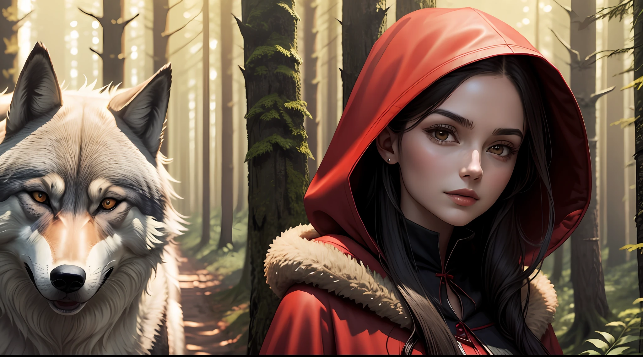 A girl in a red cloak and a wolf,at a forest,Close-up Shot Shot