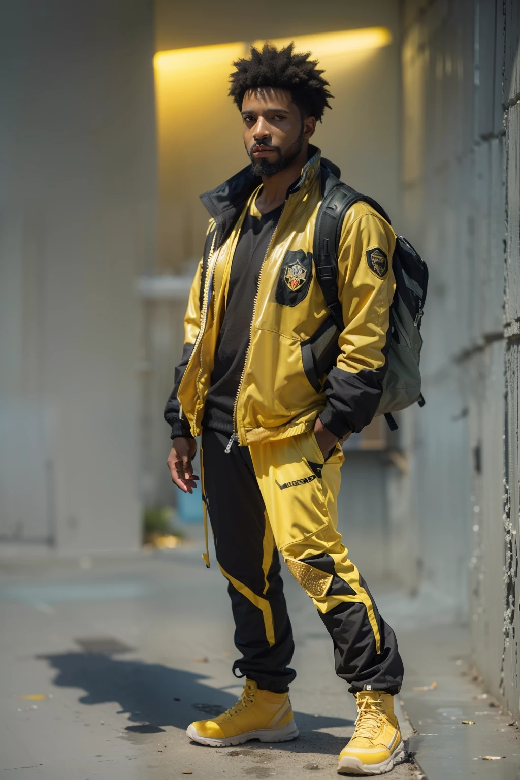 (
(Character: one afro-american man, military, short hair, beard, (athletic body))
(Clothing: yellow jacket, boots, body holster, black shirt)
(Pose: full body shot:1.7, dynamic pose)
(blurry, intense urban lights in background)
(Style: ((masterpiece:1.5)), (face detailed), photo-realistic:1.3, hyperrealistic, foggy, high contrast, shiny skin, soft lighting, backlighting, bloom, light sparkles, chromatic aberration)