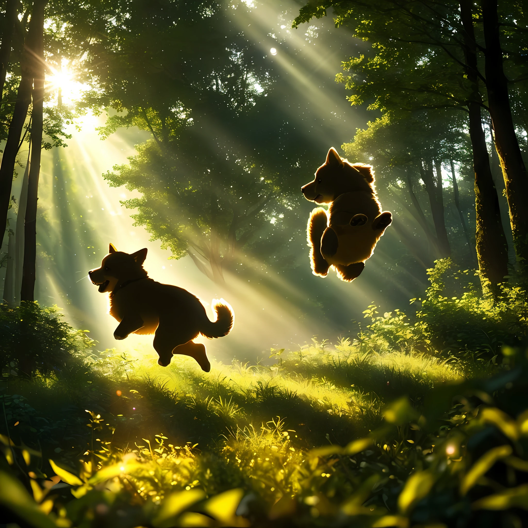 (best quality: 1.2), (masterpiece: 1.2), (realistic: 1.2), closeup photo, a very cute jumping puppy in the forest, soft volumetric lights, (looking at the viewer: 1.3), (backlit:1.3), (cinematic:1.2), intricate details, masterpiece