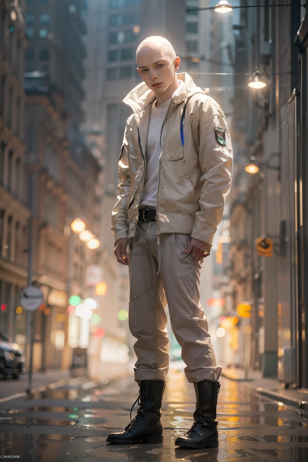 (
(Character: one albino boy, pale skin, bald, shaved hair, scars, lean body)
(Clothing: beige straightjacket, boots)
(Pose: full body shot:1.7, dynamic pose)
(blurry, intense urban lights in background)
(Style: ((masterpiece:1.5)), (face detailed), photo-realistic:1.3, hyperrealistic, foggy, high contrast, shiny skin, soft lighting, backlighting, bloom, light sparkles, chromatic aberration)