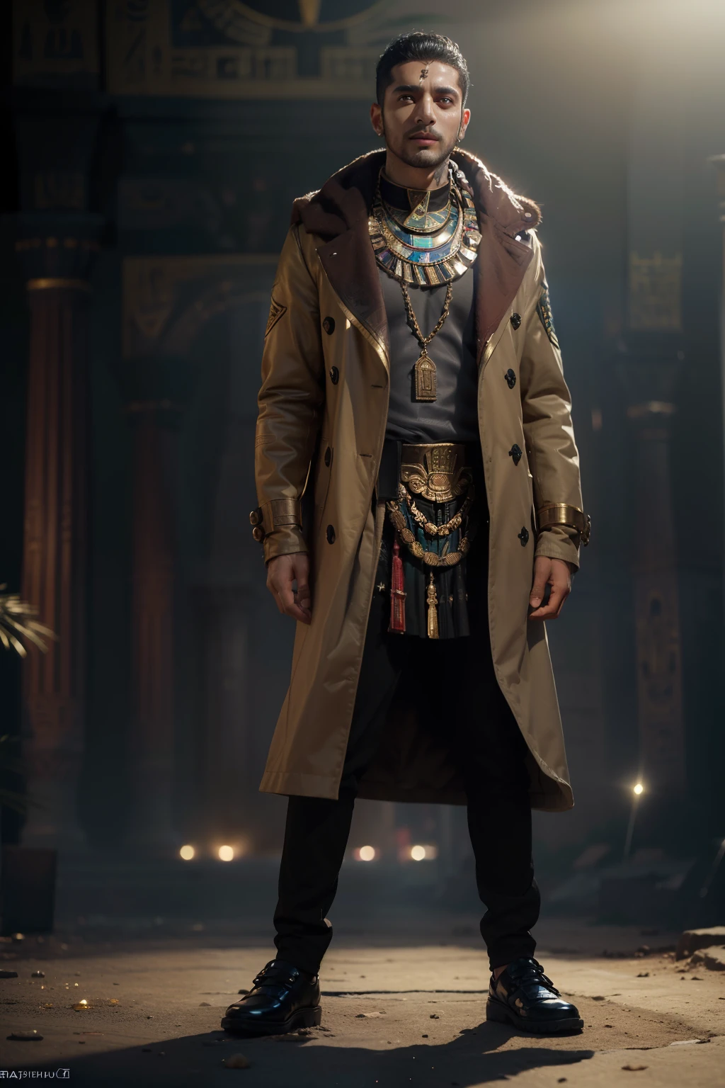 ( 
    (Character: one egyptian man, occultist, traits:1.5, black skin:1.4) 
    (Clothing: brown coat with egyptian symbols, egyptian amulets, egyptian tattoos)
    (Pose: full body shot:1.7, dynamic pose)
    (blurry, intense urban lights in background) 
    (Style: ((masterpiece:1.5)), (face detailed), photo-realistic:1.3, hyperrealistic, foggy, high contrast, shiny skin, soft lighting, backlighting, bloom, light sparkles, chromatic aberration)