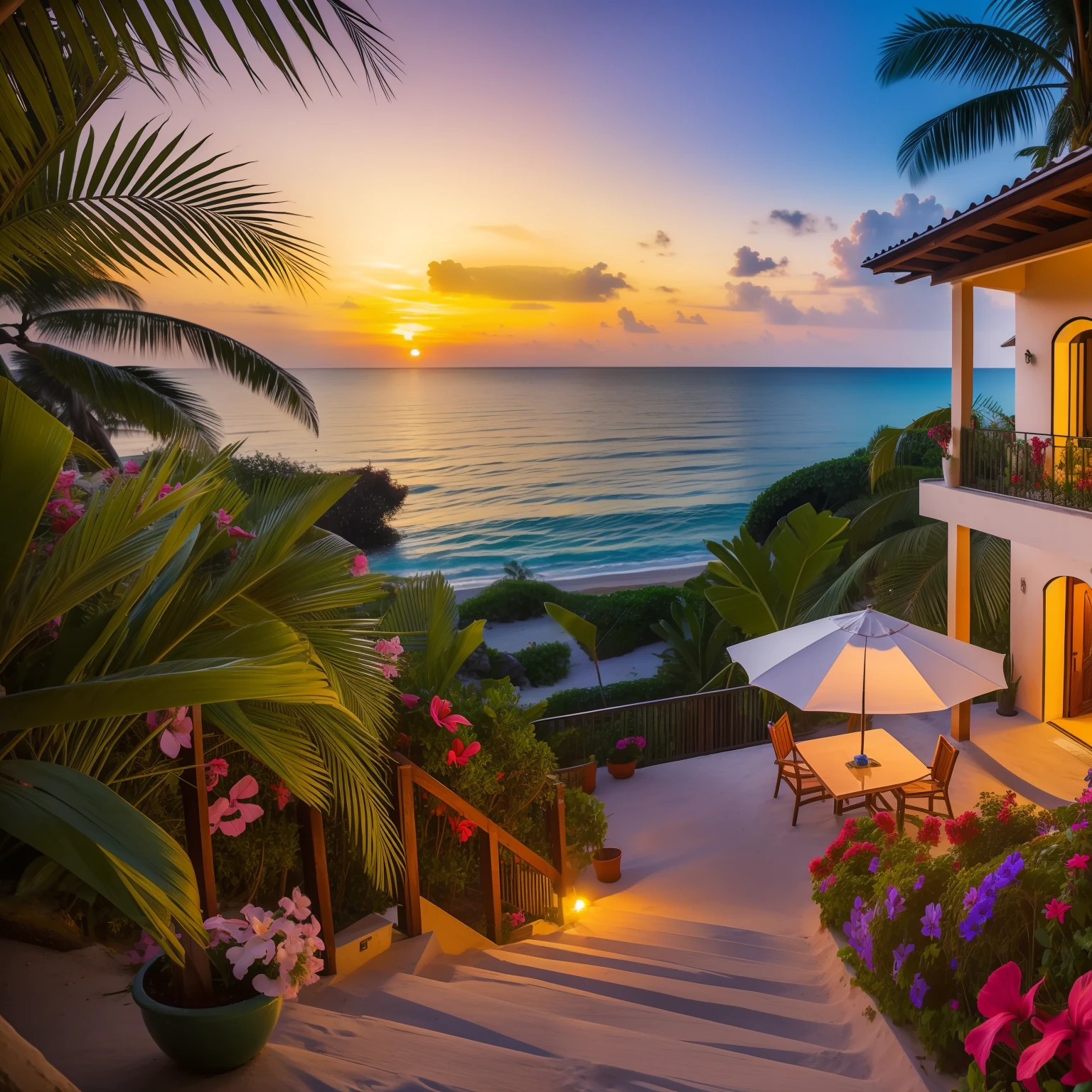 tropical beach with an Italian house on the beach with a wooden patio and flowers growing on them, vibrance, sunset, waterfall