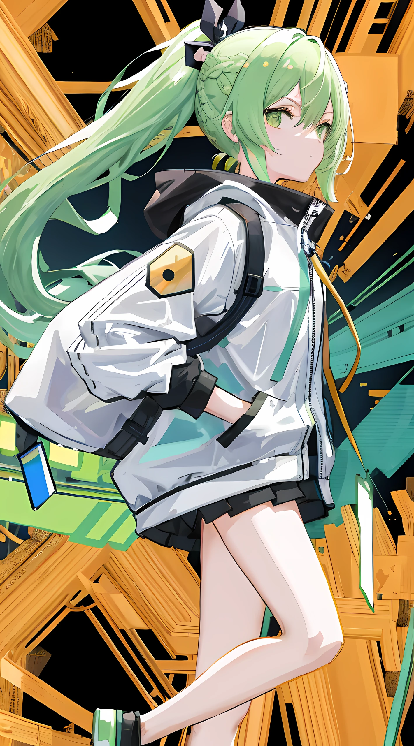 Wallpaper, 8K, Rich details, ((masutepiece)), ((master work)), ((Abstract)), (electrocardiogram), Green line, (1girl in:-1), White ponytail, (Girl on the right side of the screen), (Hands in pockets)), quadratic, Plain clothing, Floating simple geometric shapes, (tech: 0.2), Loneliness