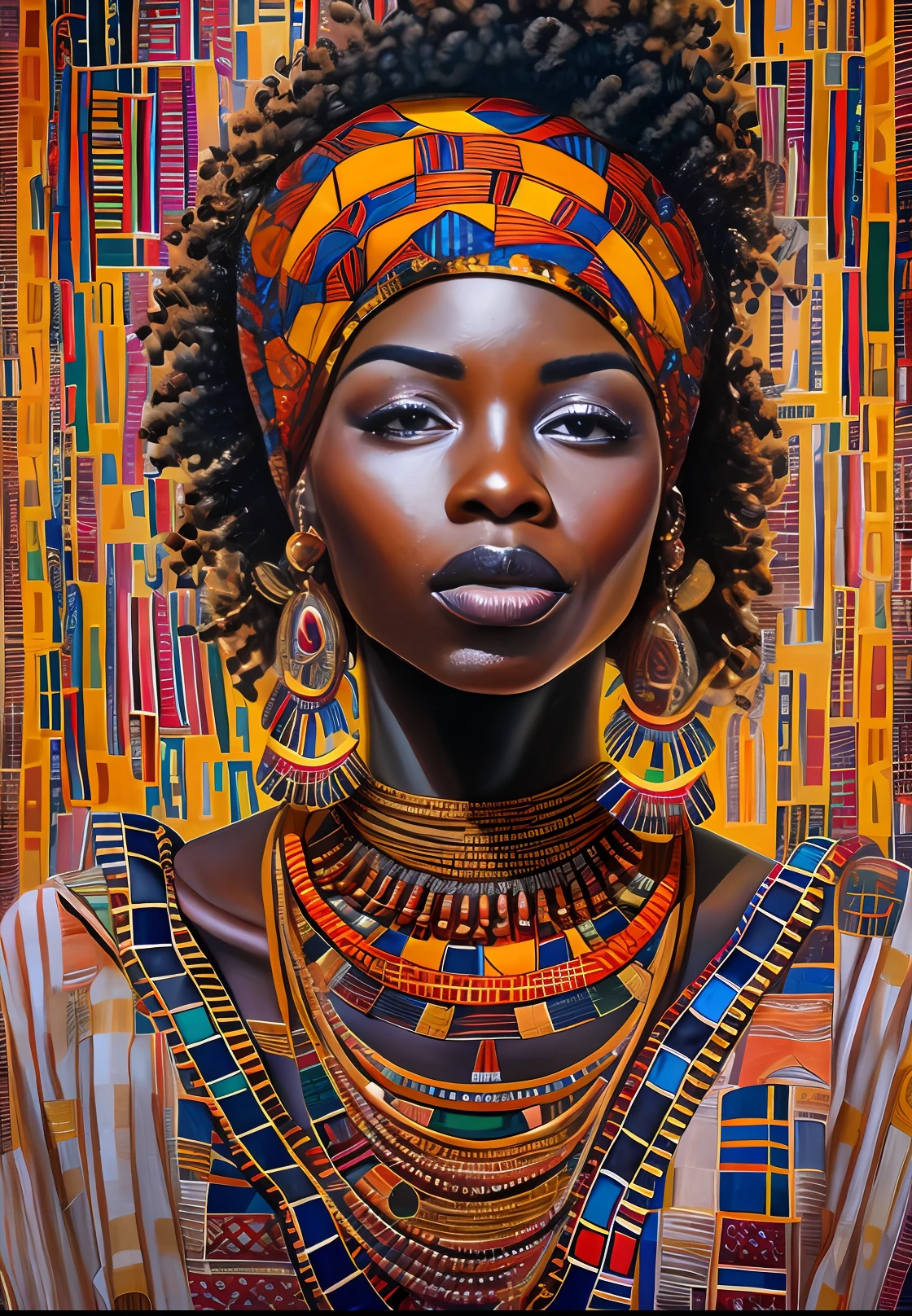 A painting of a woman with a head and a necklace, Reine africaine, Femme africaine, Princesse noire africaine, Princesse africaine, Art magnifique, Bel art, stunning art, Superbe princesse africaine, beau portrait, beautiful artwork, stunning artwork, Stunning portrait, magie noire, inspired by Tim Okamura, Arts africains, africain, femme noire, femme magnifique, Amazing art