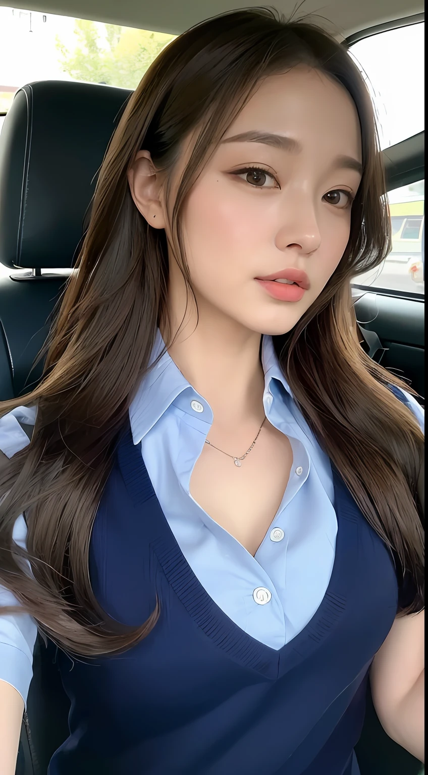 ((top-quality、8K、masterpiece:1.3)), Beautuful Women, 1girl in, :1.3, Slender body type :1.1, dark brown hair, (Car Shop Background, a wet body,Inside the car shop factory、Wearing a blue working polo shirt、Wearing blue work pants), Super Detailed Face, Detailed lips, detailedeyes, 二重まぶた