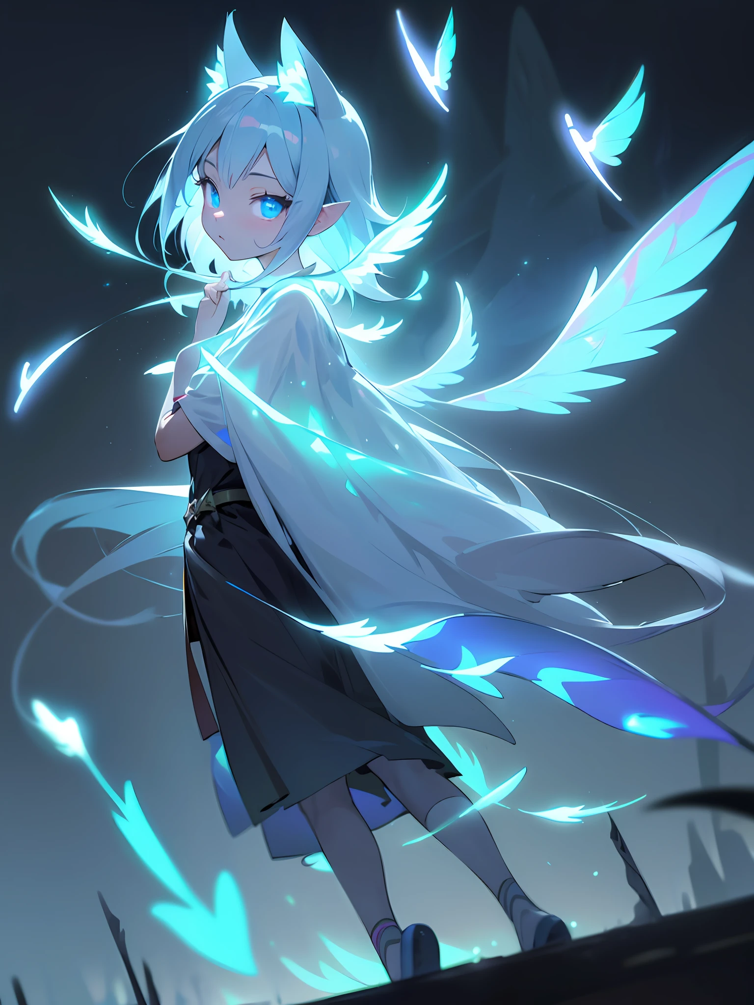 absurderes, hight resolution, ((masutepiece)), animesque、((Best Quality)), (Ultra-detailed), ((Extremely detailed)), (Beautiful), ((Kawaii Girl)), 独奏,(14years:1.6)、Beautiful face, full body Esbian、White skin、(Glowing blue eyes:1.3)、shiny long pale blue hair、The upper part of the body、Gentle face、Fantasy World、Exotic lands、Chengsei Metropolis、Wizard's Clothing、(There are glowing wings:1.7)、(Cat's ears)